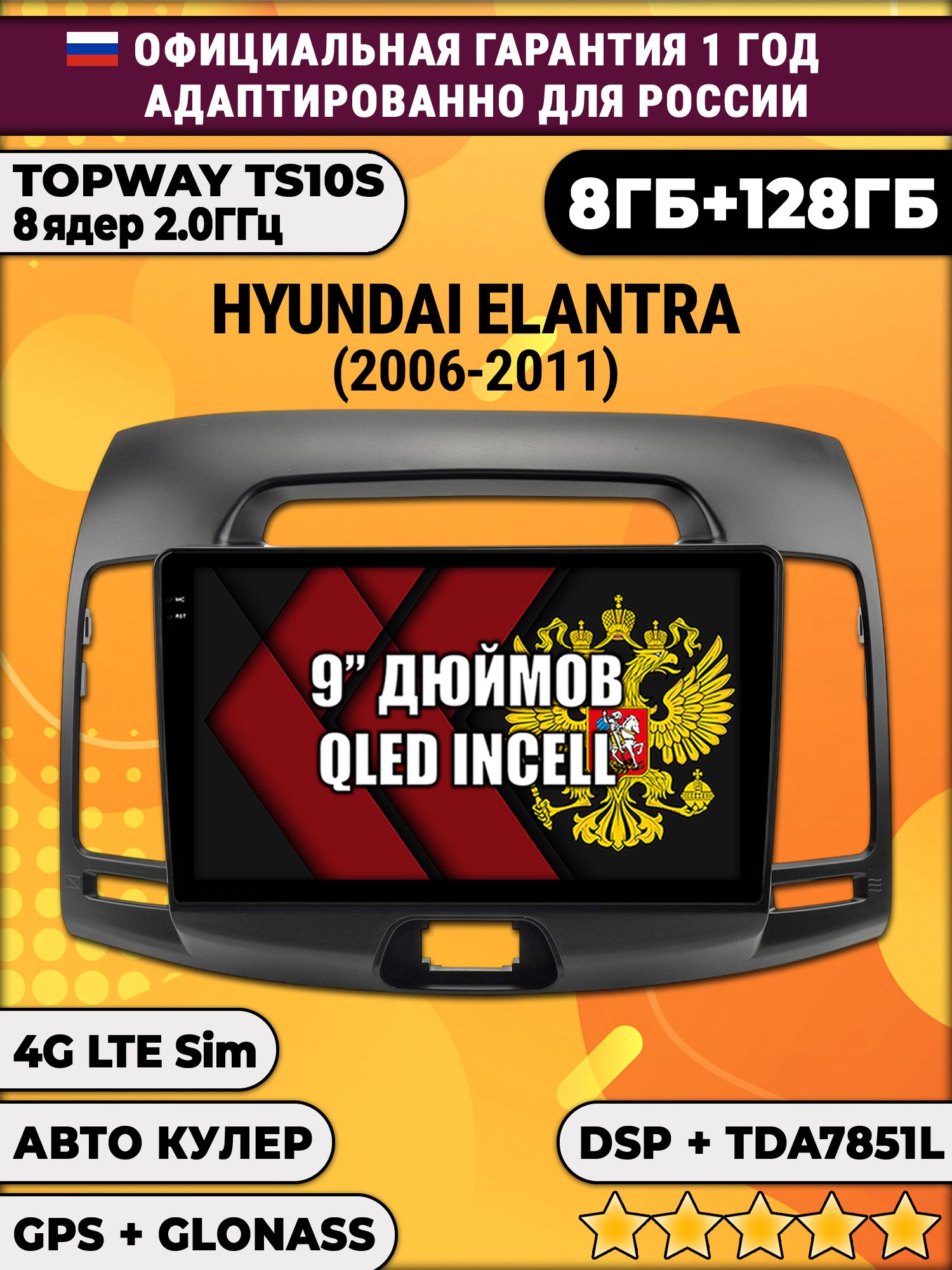 8 ядер TS105, память 8/128гб для HYUNDAI ELANTRA (2006-2011), Android магнитола