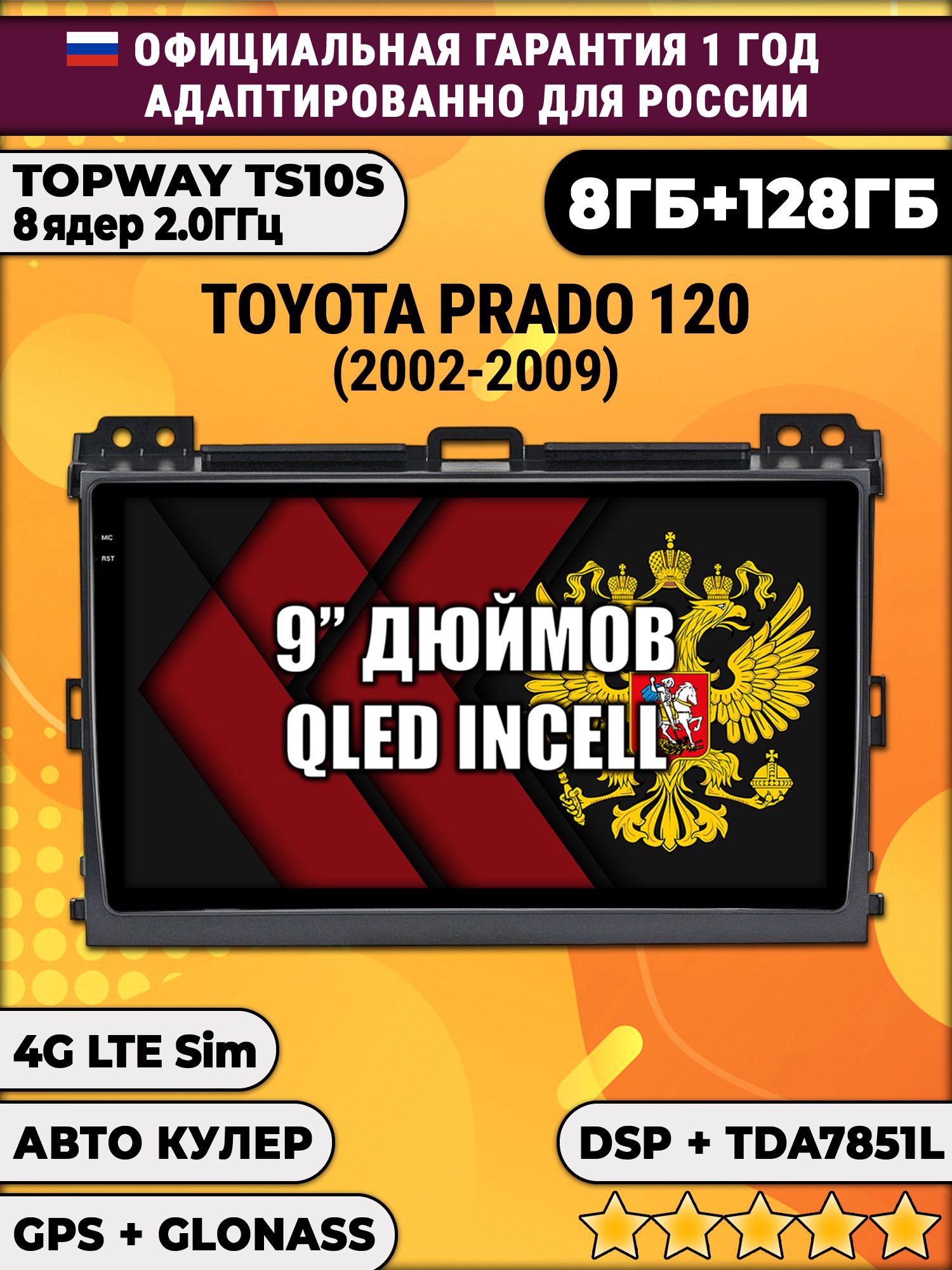 8 ядер TS105, память 8/128гб для TOYOTA PRADO 120 (2002-2009), Android магнитола