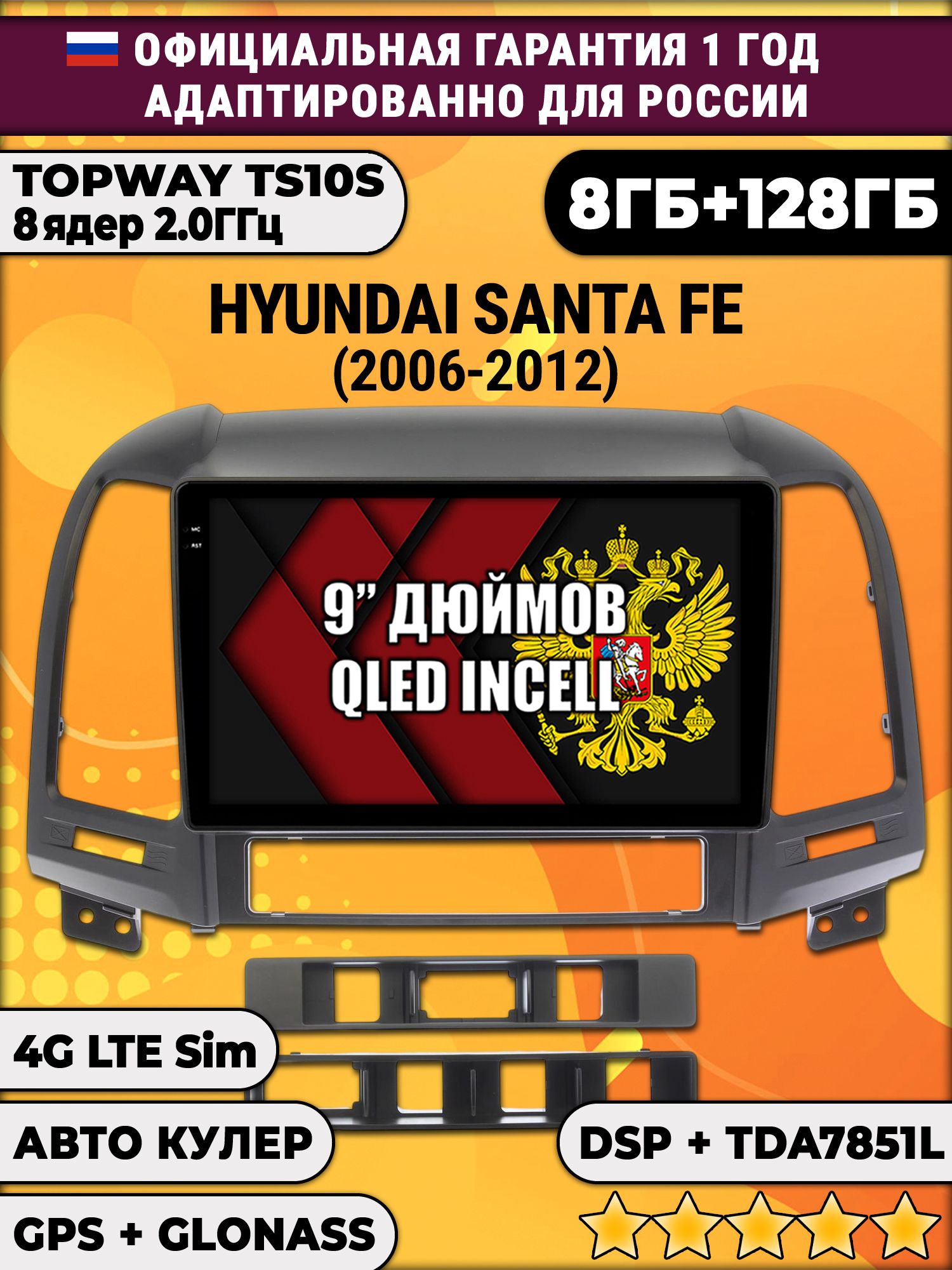 8 ядер TS105, память 8/128гб для HYUNDAI SANTA FE (2006-2012), Android магнитола