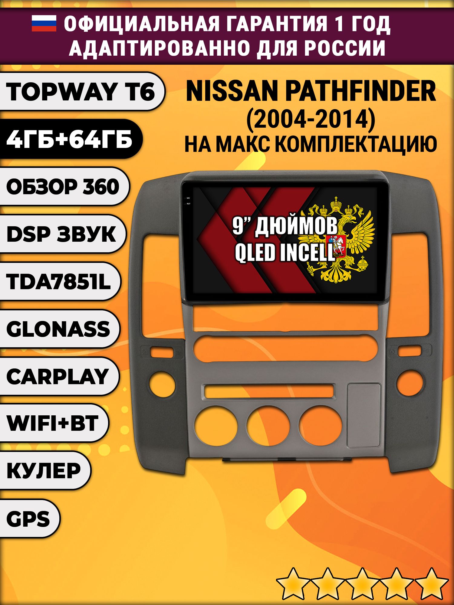 4гб+64гб с DSP для NISSAN PATHFINDER (2004-2014) Ниссан партфайндер, Android магнитола, без слота под симку, усилитель звука TDA7851 и поддержка 360 камер