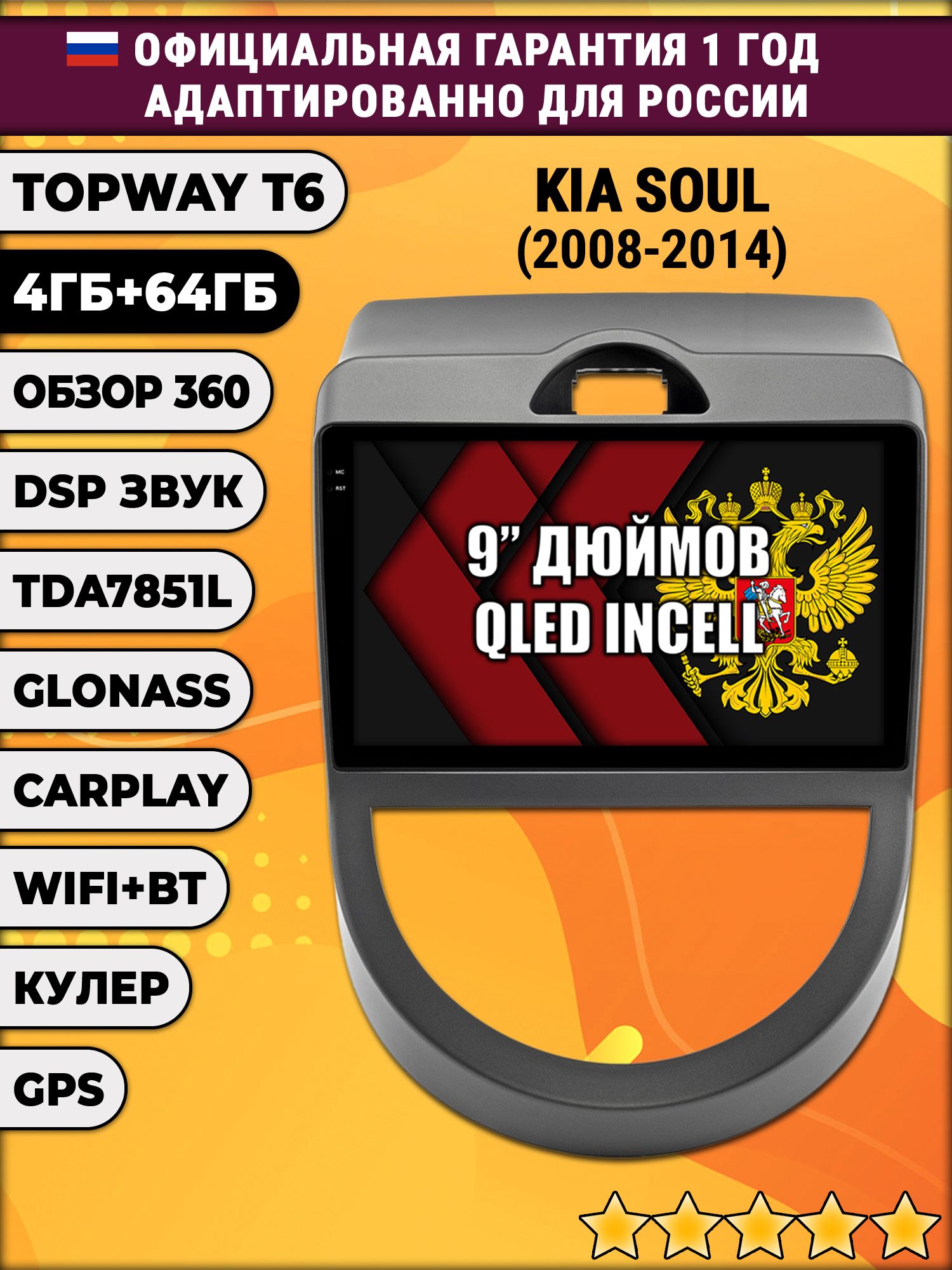 4гб+64гб с DSP для KIA SOUL (2008-2014), Android магнитола, без слота под симку, усилитель звука TDA7851 и поддержка 360 камер