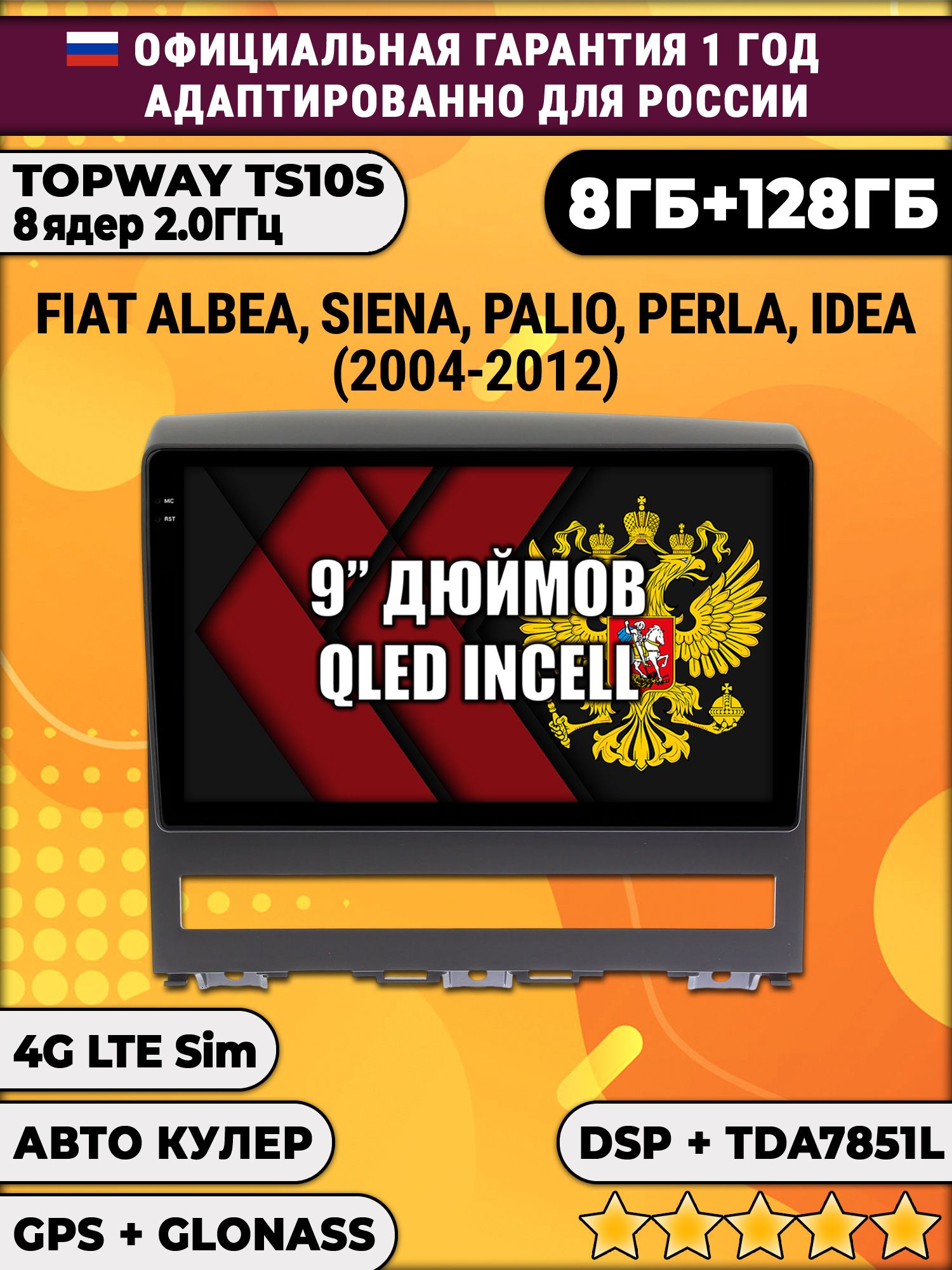 8 ядер TS105, память 8/128гб для FIAT ALBEA (2004-2012), Android магнитола