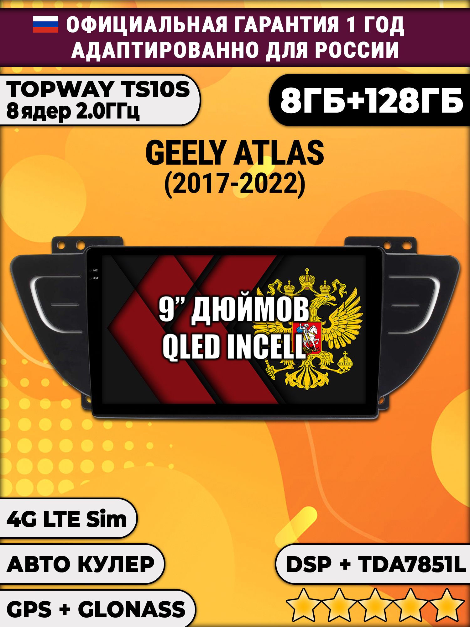 8 ядер TS105, память 8/128гб для GEELY ATLAS (2017-2022), Android магнитола