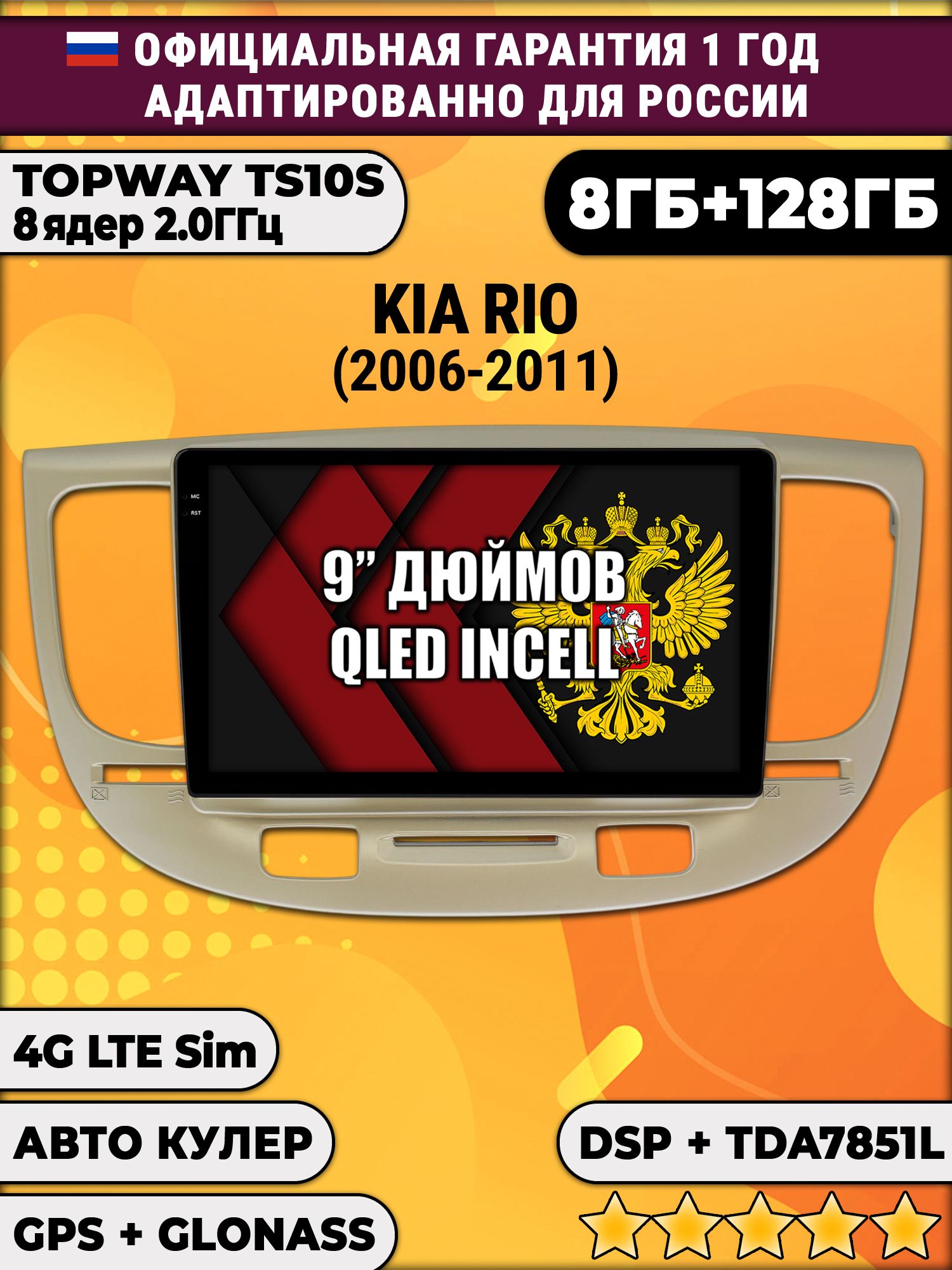 8 ядер TS105, память 8/128гб для KIA RIO (2006-2011), Android магнитола
