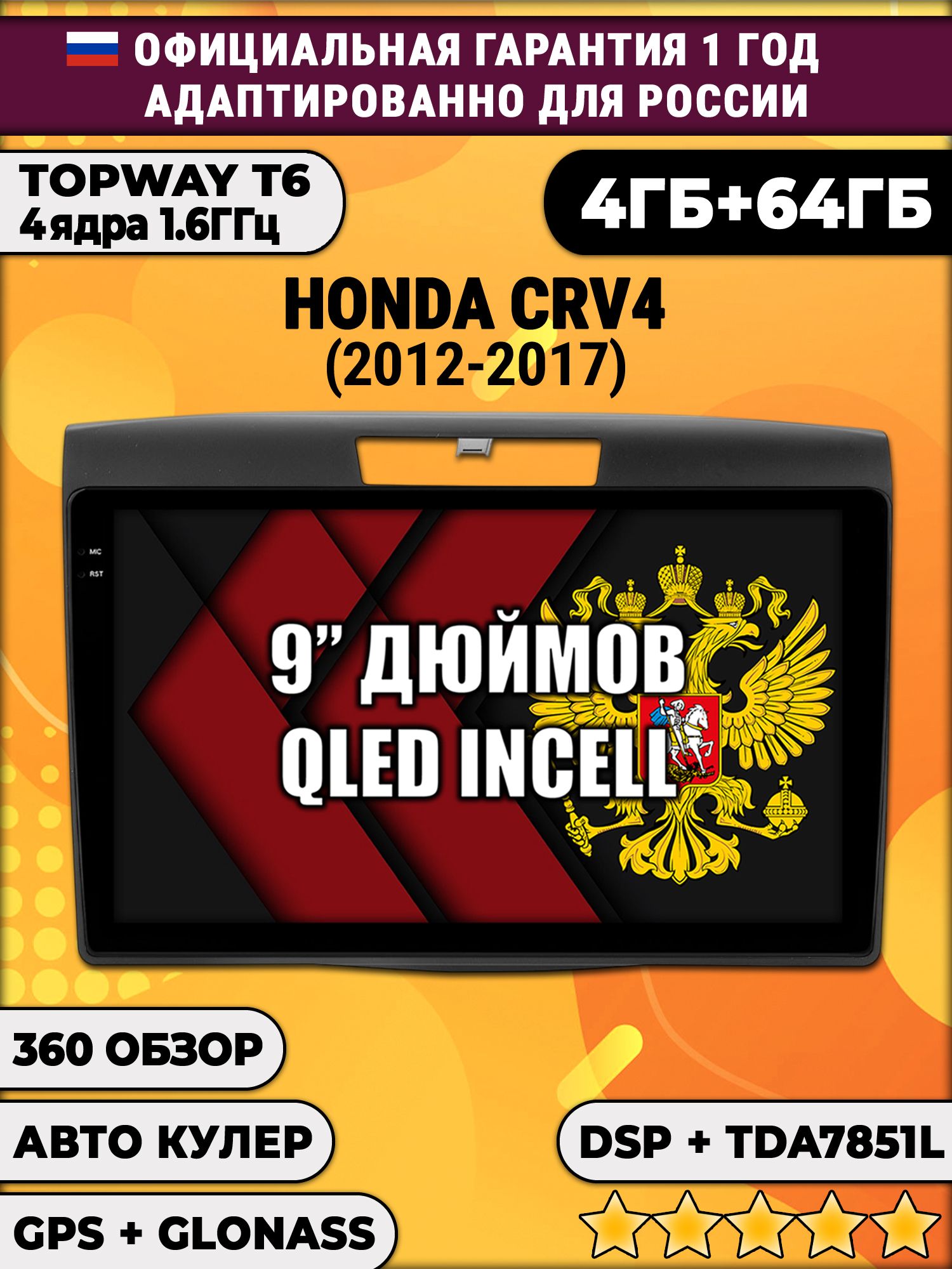 4гб+64гб с DSP для HONDA CRV 4 (2012-2017), Android магнитола, без слота под симку, усилитель звука TDA7851 и поддержка 360 камер