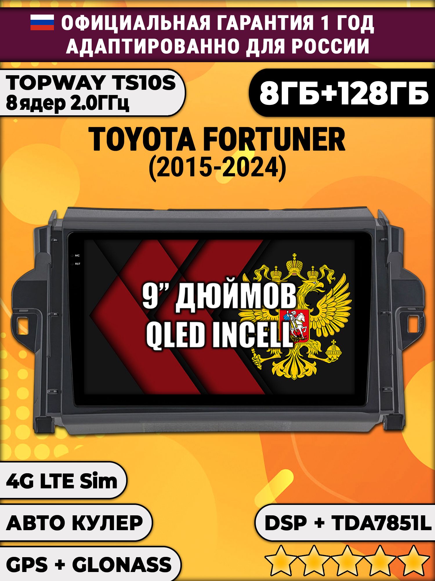 8 ядер TS105, память 8/128гб для TOYOTA FORTUNER (2015-2024), Android магнитола