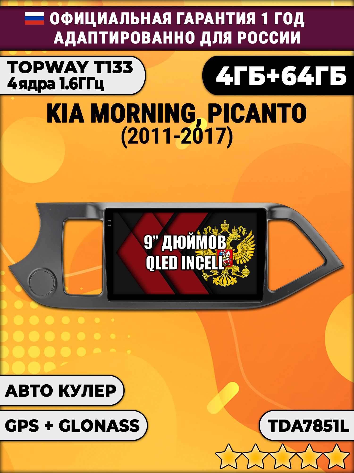 4гб+64гб для KIA MORNING (2011-2017), PICANTO (2011-2017), Android магнитола, без слота под симку, усилитель звука настоящий TDA7851