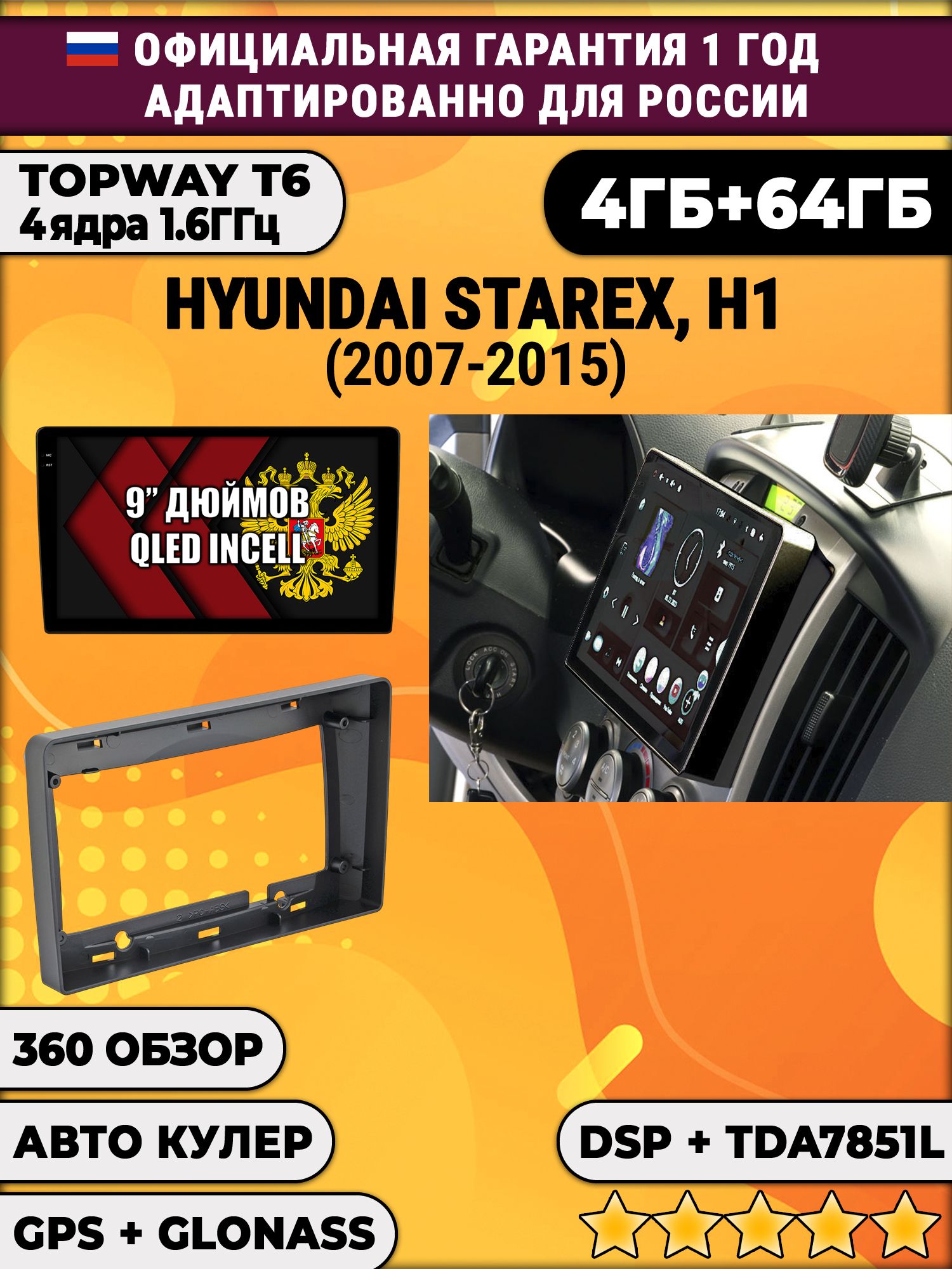 4гб+64гб с DSP для HYUNDAI H1, H-1, STAREX (2007-2015), Android магнитола, без слота под симку, усилитель звука TDA7851 и поддержка 360 камер