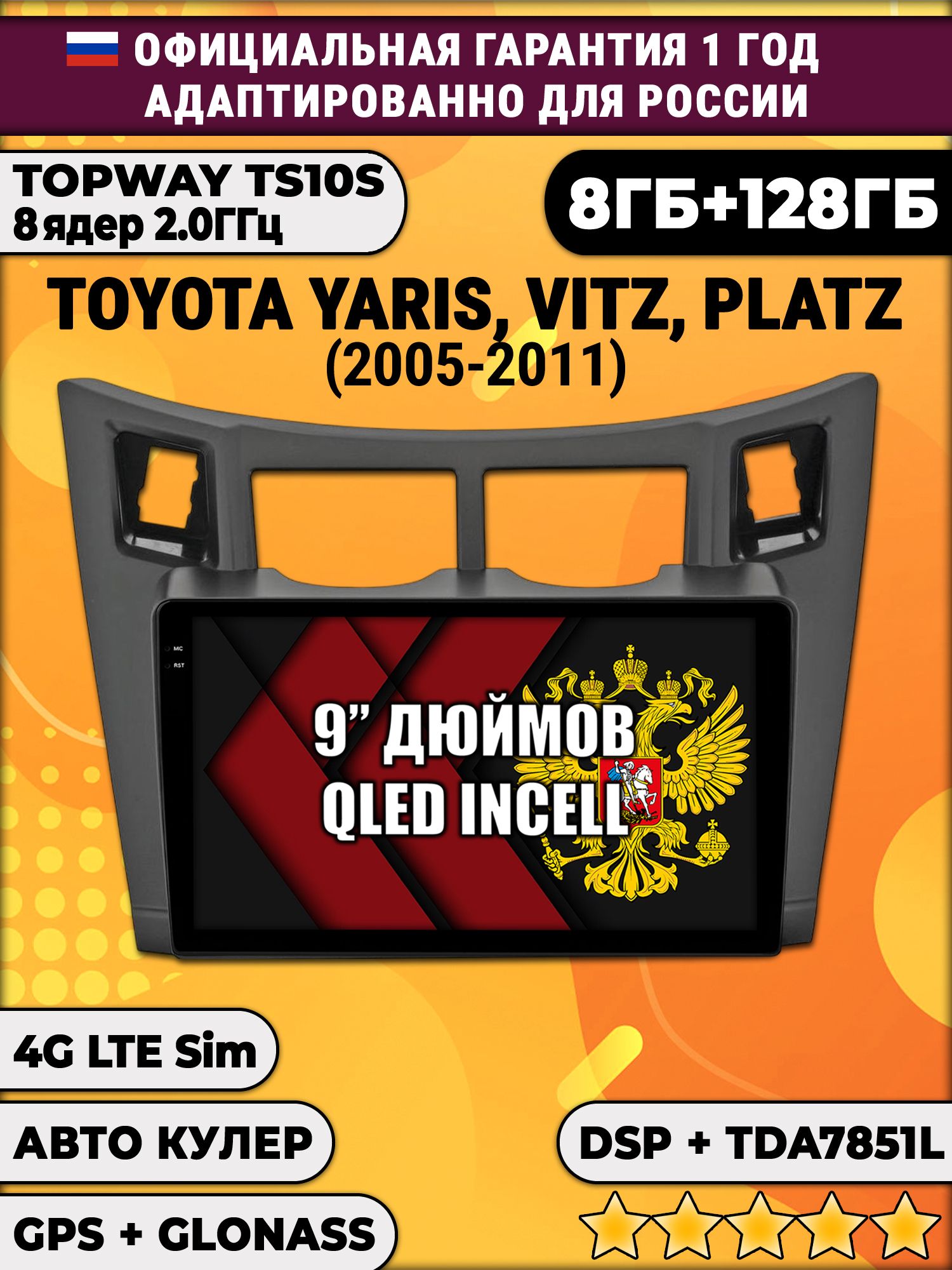 8 ядер TS105, память 8/128гб для TOYOTA YARIS VITZ PLATZ - (2005-2011), Android магнитола, рамка черная матовая