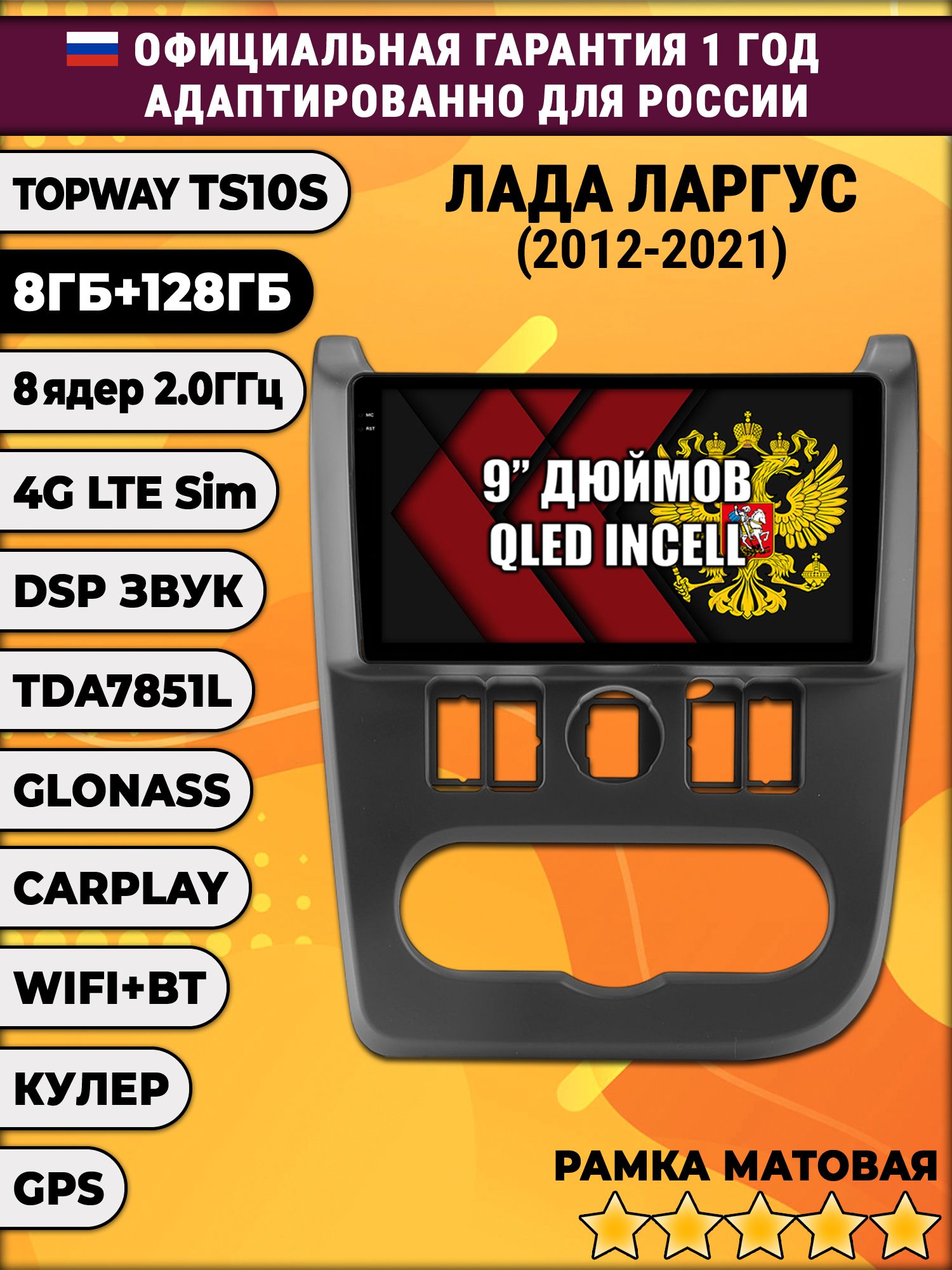 8 ядер TS105, память 8/128гб для LADA LARGUS ЛАДА ЛАРГУС (2012 2013 2014 2015 2016 2017 2018 2019 2020 2021), Android магнитола, рамка черная матовая