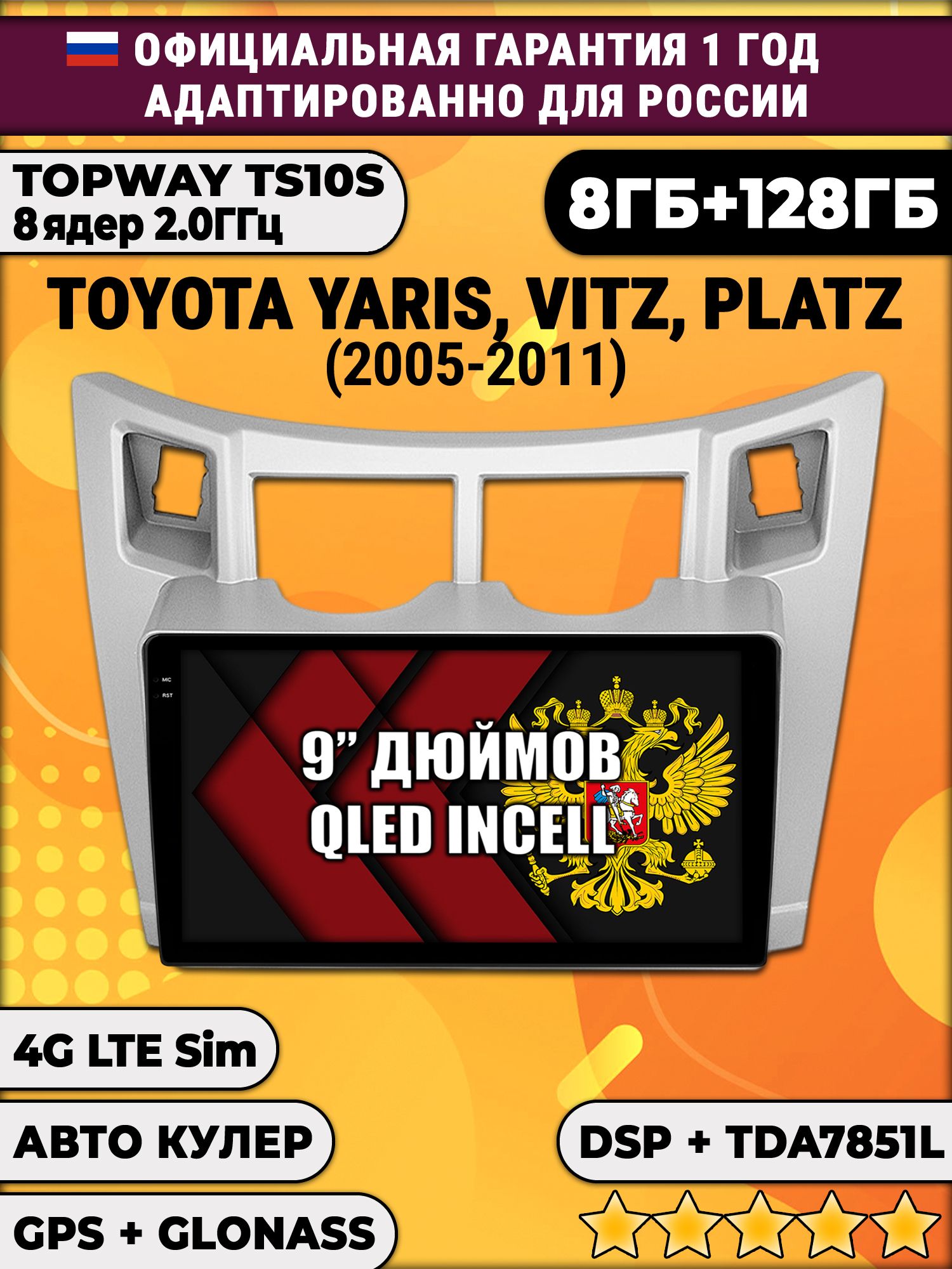 8 ядер TS105, память 8/128гб для TOYOTA YARIS VITZ PLATZ - (2005-2011), Android магнитола, рамка серая