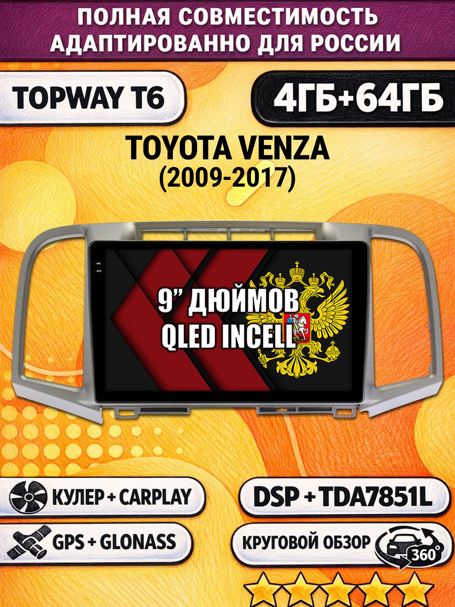 Штатная Андроид магнитола для TOYOTA VENZA (2009-2017), 4/64гб, 360 обзор, DSP, беспроводной CarPlay/Android Auto, GPS/ГЛОНАСС