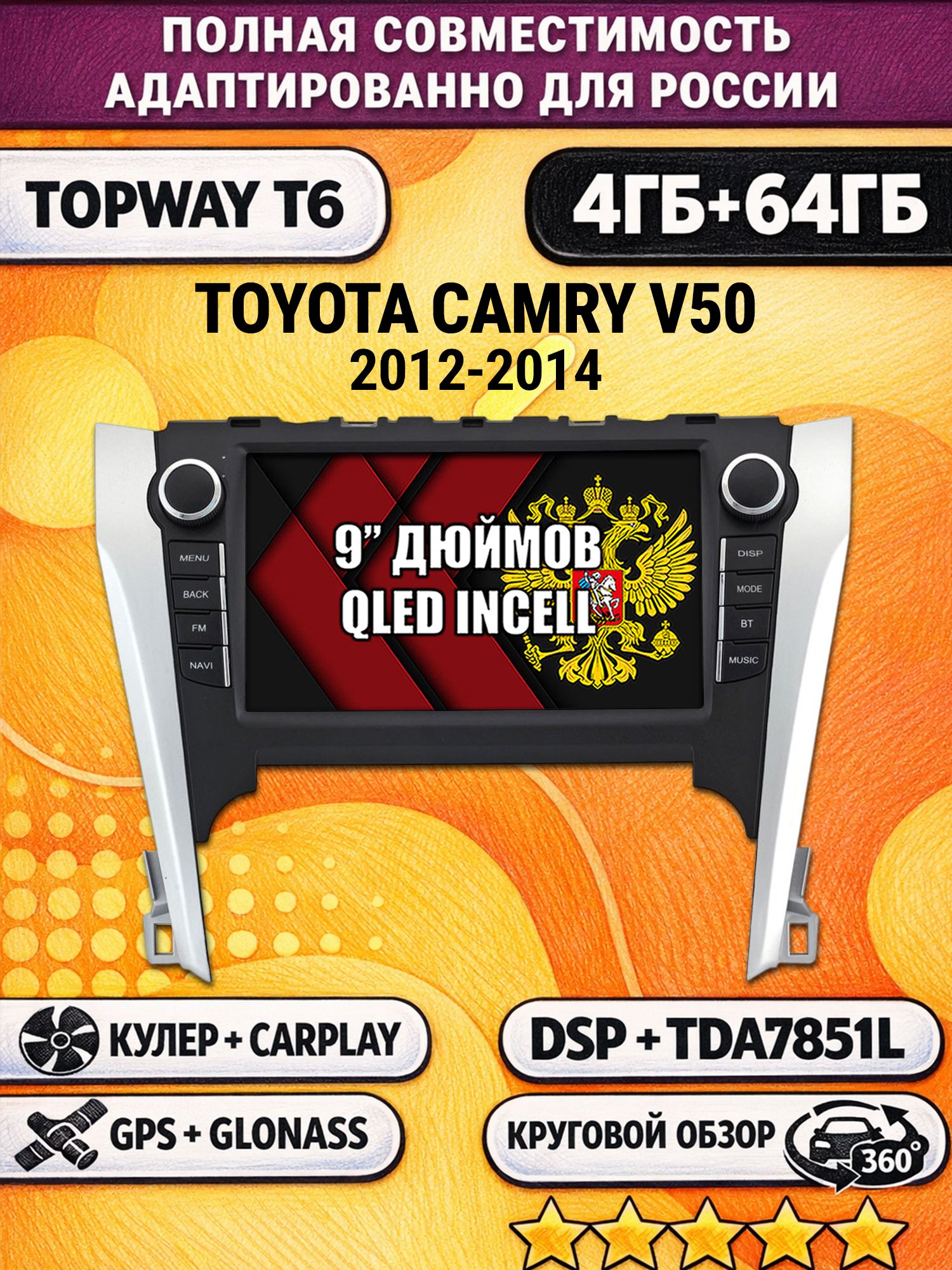 Штатная Андроид магнитола для TOYOTA CAMRY V50 (2012-2014), 4/64гб, 360 обзор, DSP, беспроводной CarPlay/Android Auto, GPS/ГЛОНАСС