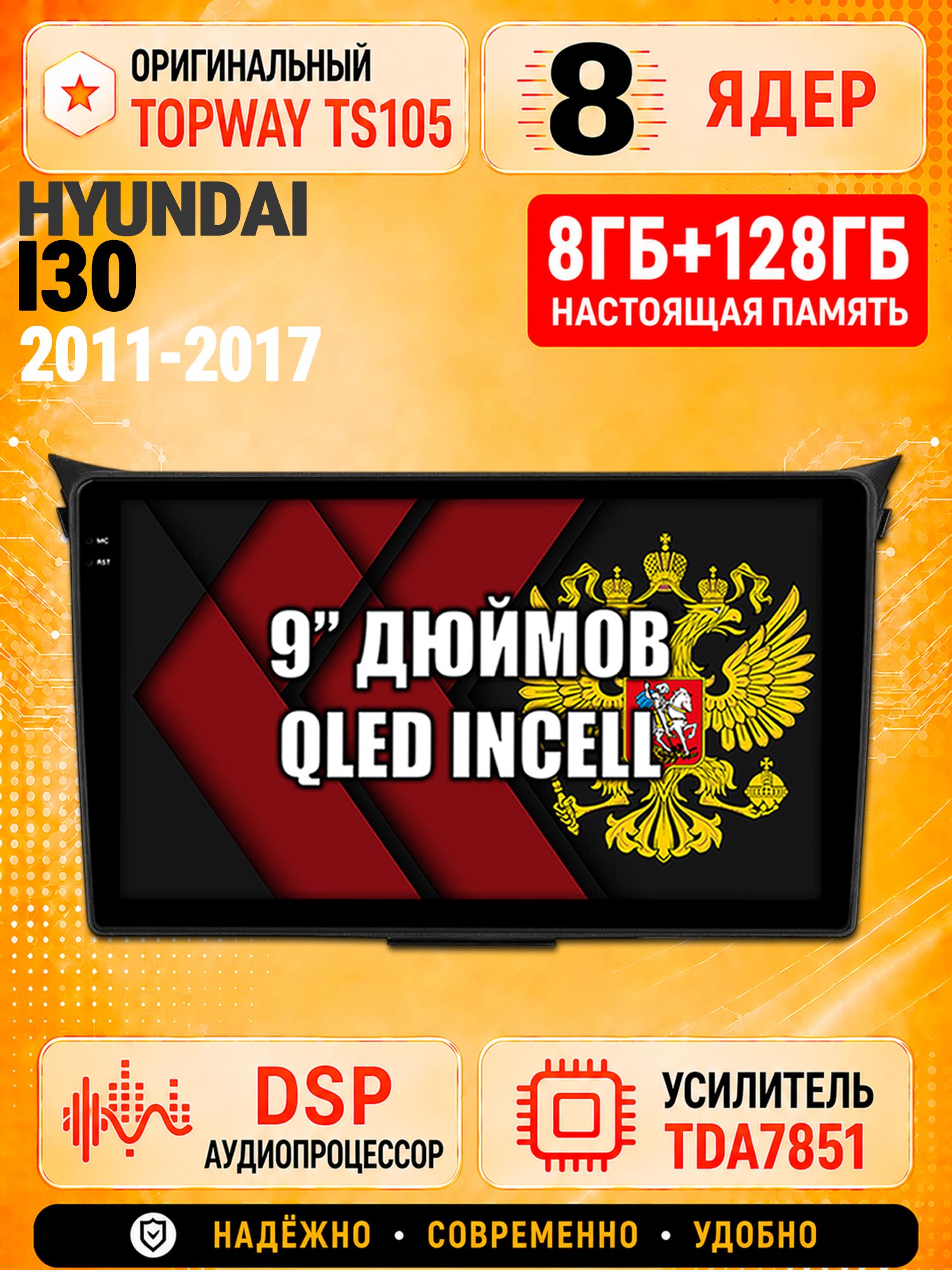 8 ядер TS105 с памятью 8гб+128гб для Hyundai I30 (2011-2017), Штатная андроид магнитола, DSP, 4G, беспроводной CarPlay/Android Auto