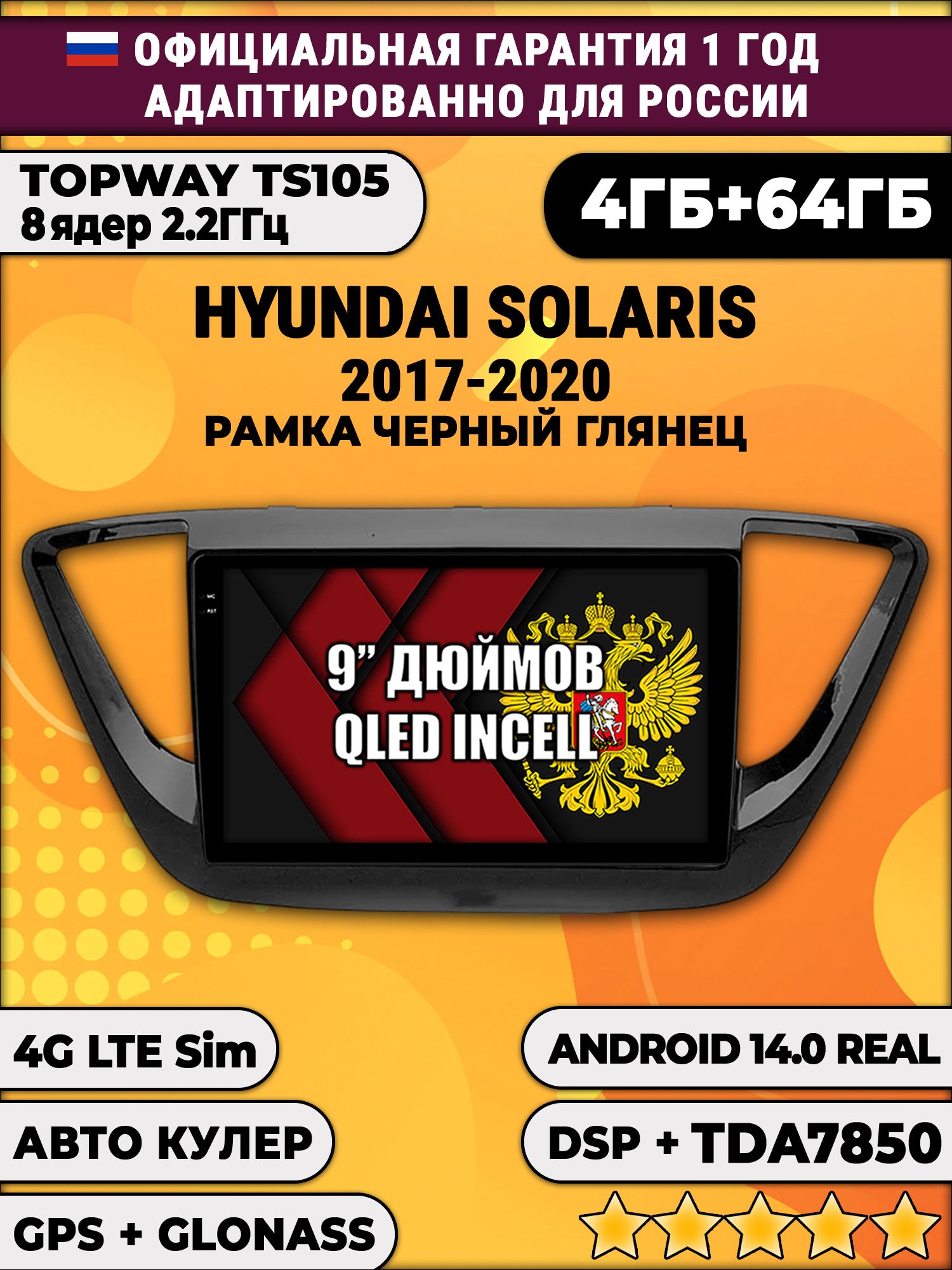 TS105 8 ядер, 4гб+64гб для HYUNDAI SOLARIS (2017 2018 2019 2020) Соларис, рамка черный глянец, Android магнитола