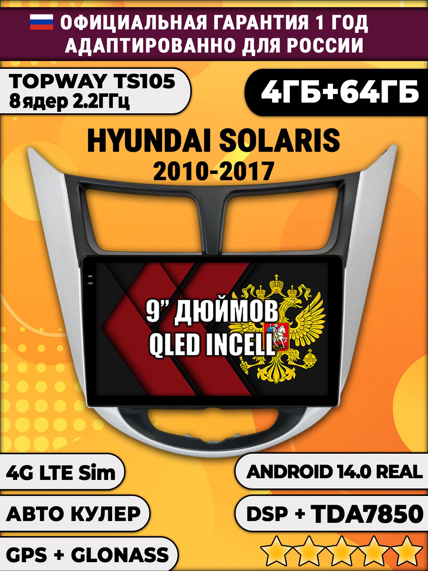 TS105 8 ядер, 4гб+64гб для HYUNDAI SOLARIS (2010 2011 2012 2013 2014 2015 2016 2017) Соларис, рамка с черным центром, Android магнитола