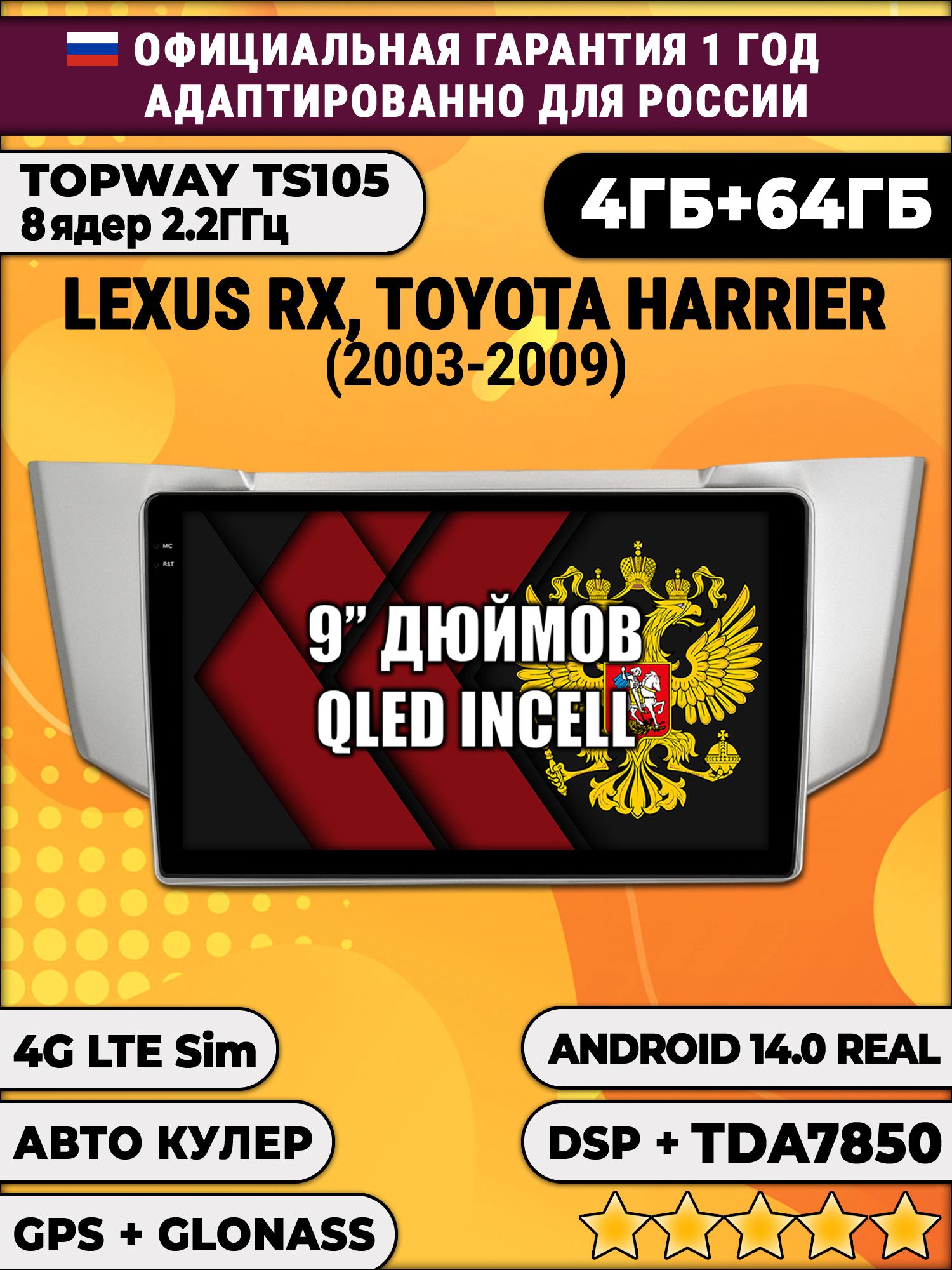 TS105 8 ядер, 4гб+64гб для LEXUS RX300 RX330 RX350 (2003-2009), Android магнитола