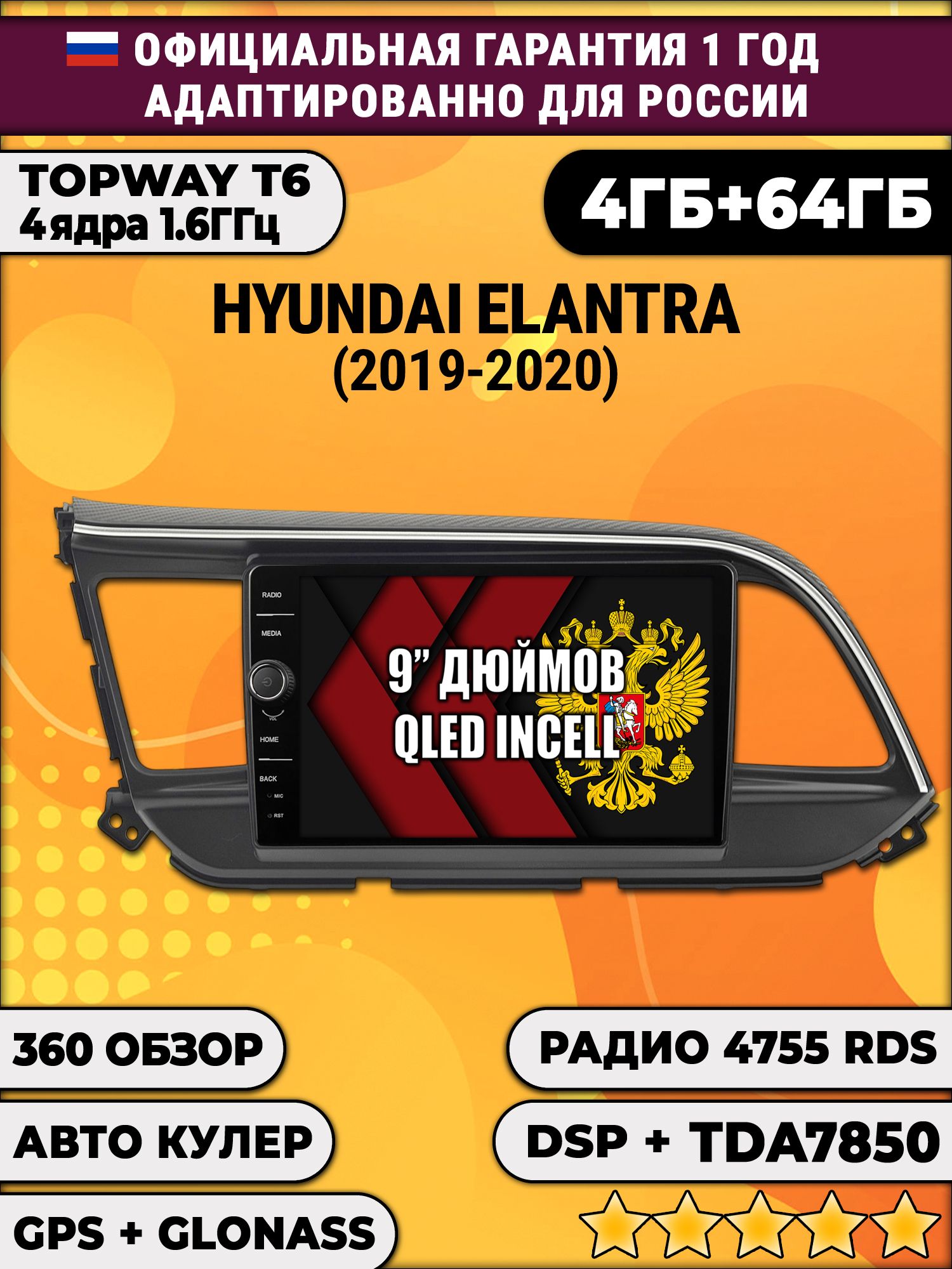 4гб+64гб с DSP и 360 для HYUNDAI ELANTRA (2019-2020), Android магнитола с DSP и усилителем TDA7850