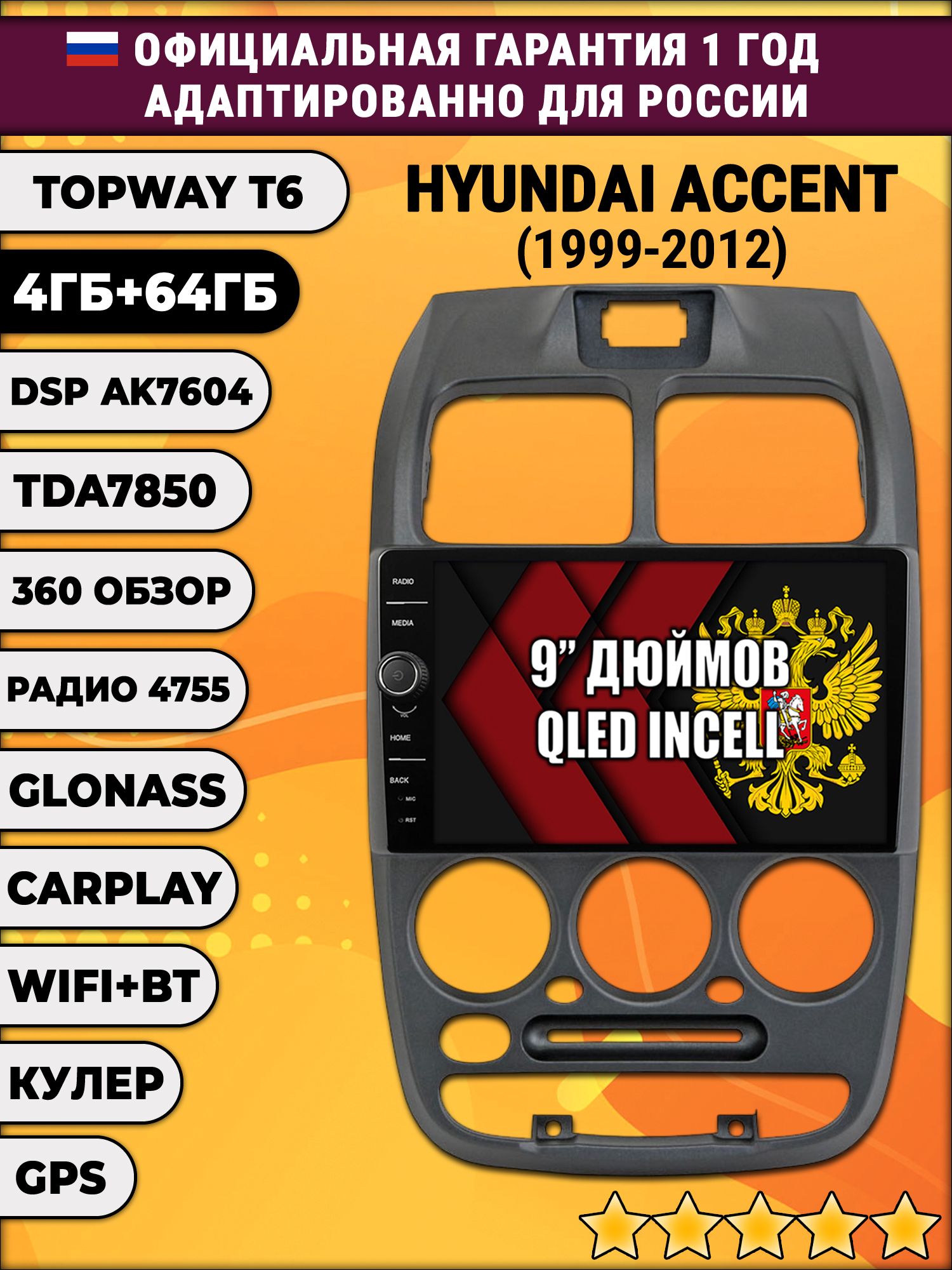 4гб+64гб с DSP и 360 для HYUNDAI ACCENT (1999-2012) Хендай Акцент, Android магнитола с DSP и усилителем TDA7850