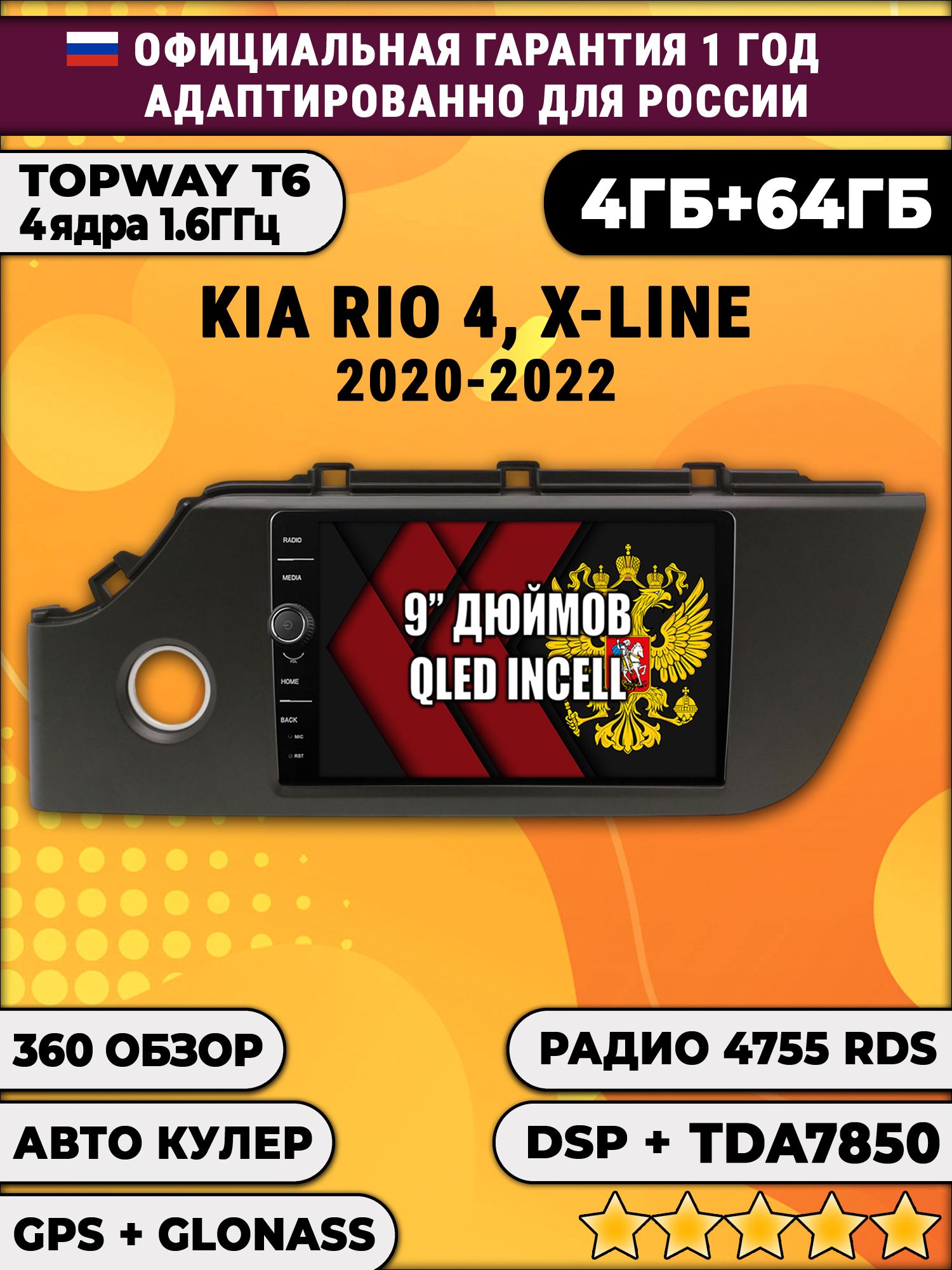 4гб+64гб с DSP и 360 для KIA RIO 4 / X-LINE (2020-2022), Android магнитола с DSP и усилителем TDA7850