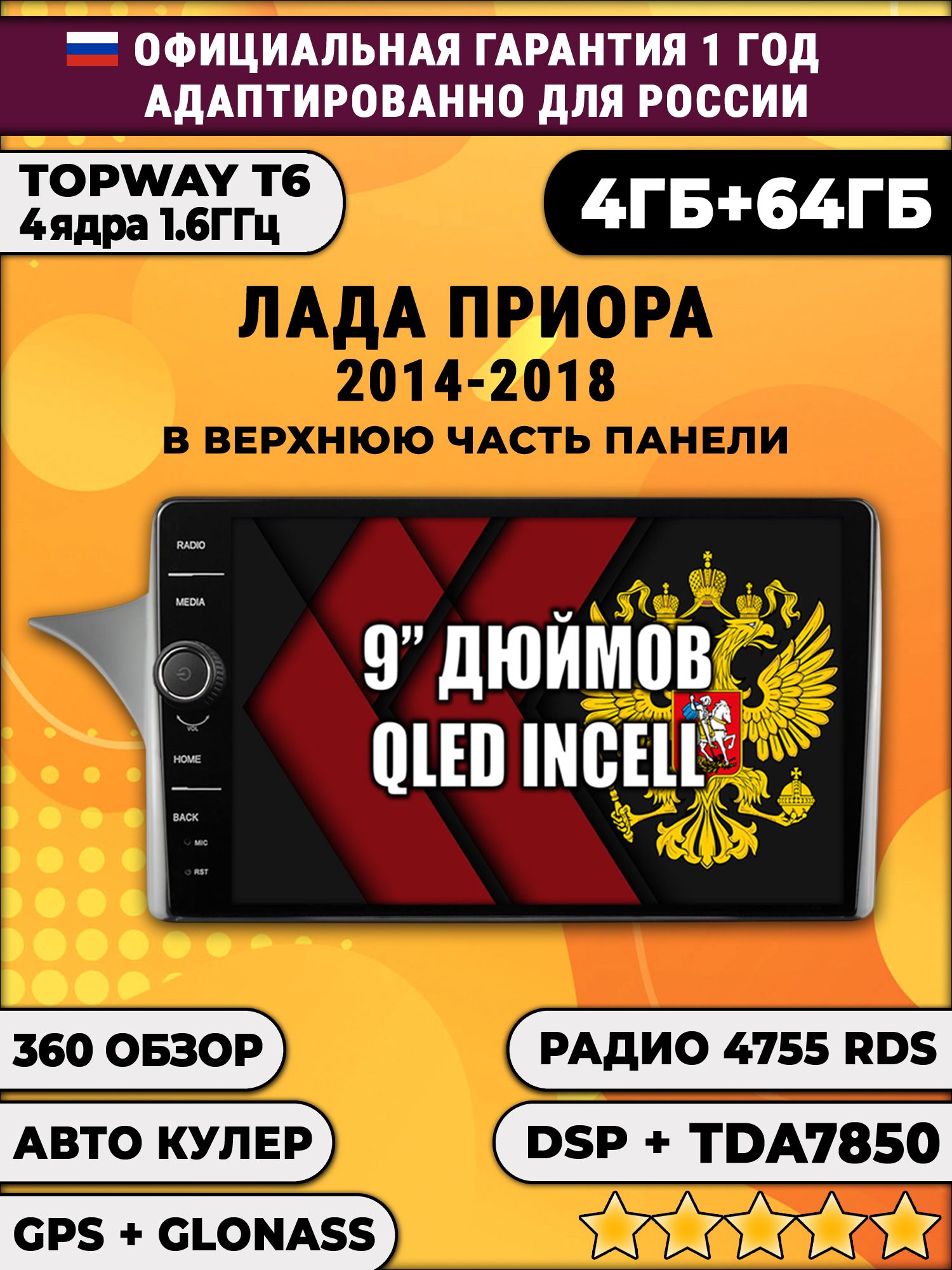 4гб+64гб с DSP и 360 для LADA PRIORA - ЛАДА ПРИОРА (2014-2018), Android магнитола с DSP, рамка для установки сверху панели
