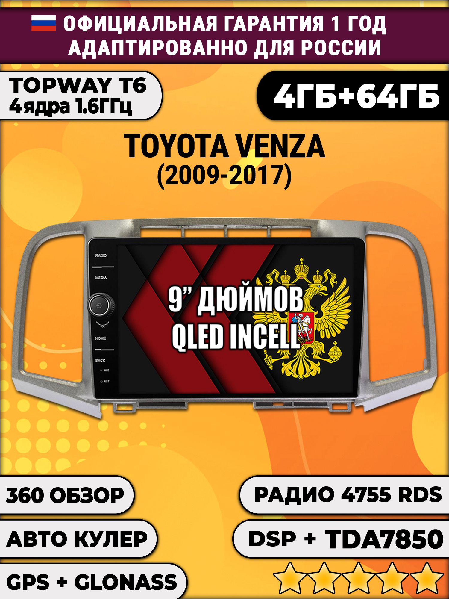 4гб+64гб с DSP и 360 для TOYOTA VENZA (2009-2017), Android магнитола с DSP и усилителем TDA7850