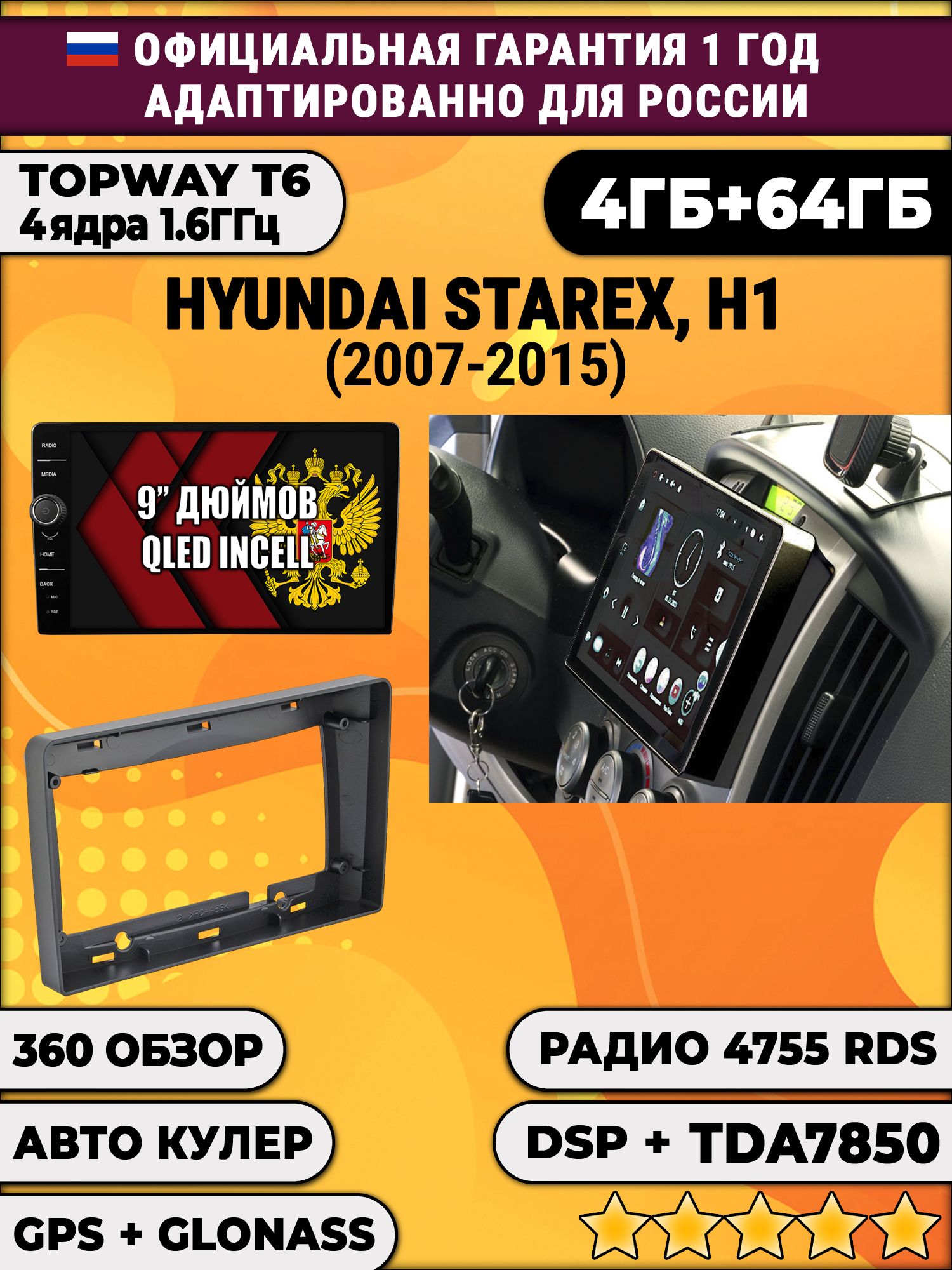 4гб+64гб с DSP и 360 для HYUNDAI H1, H-1 STAREX (2007-2015), Android магнитола с DSP и усилителем TDA7850