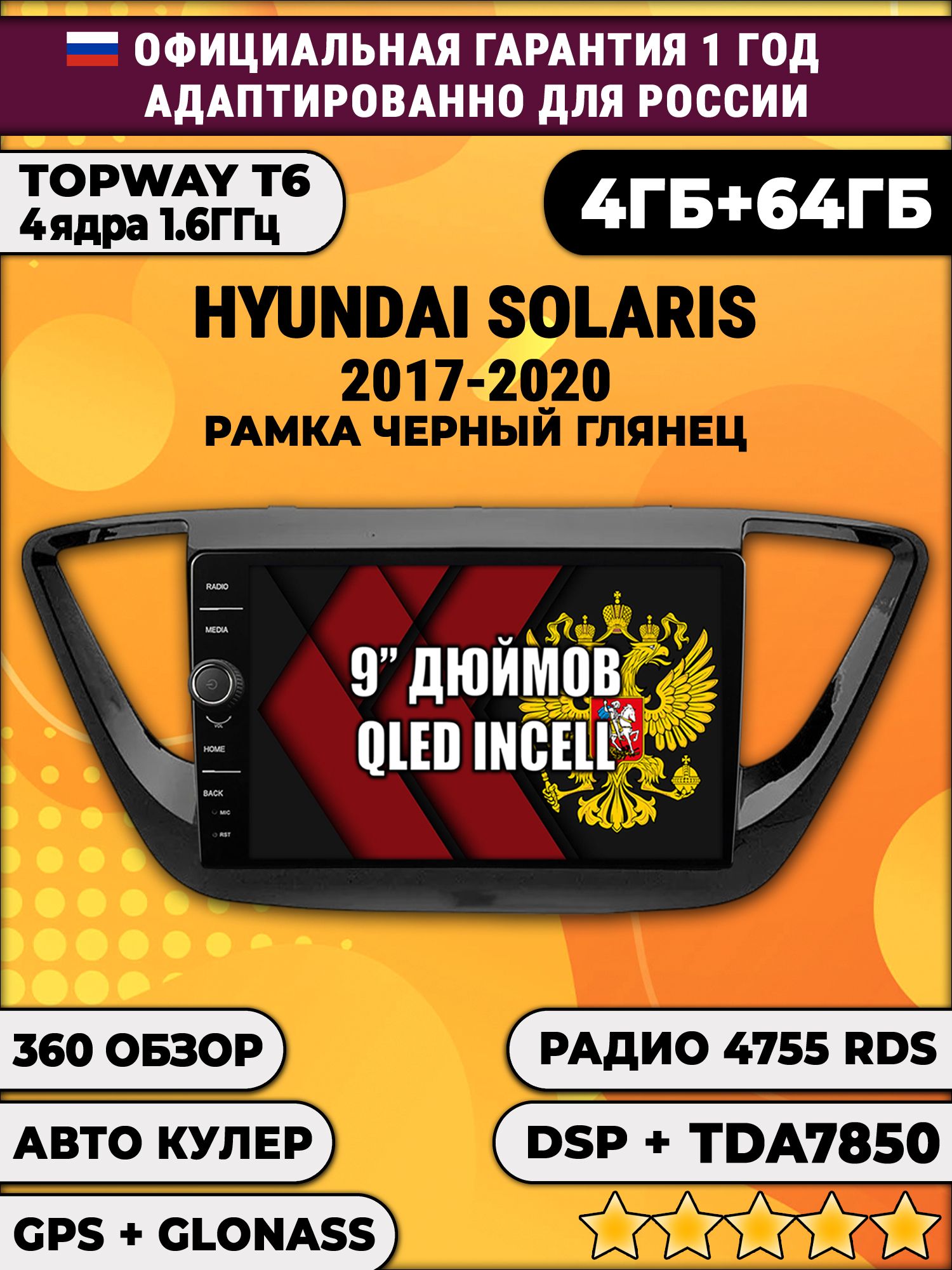 4гб+64гб с DSP и 360 для HYUNDAI SOLARIS (2017 2018 2019 2020) Соларис, рамка черный глянец, Android магнитола с DSP и усилителем TDA7850