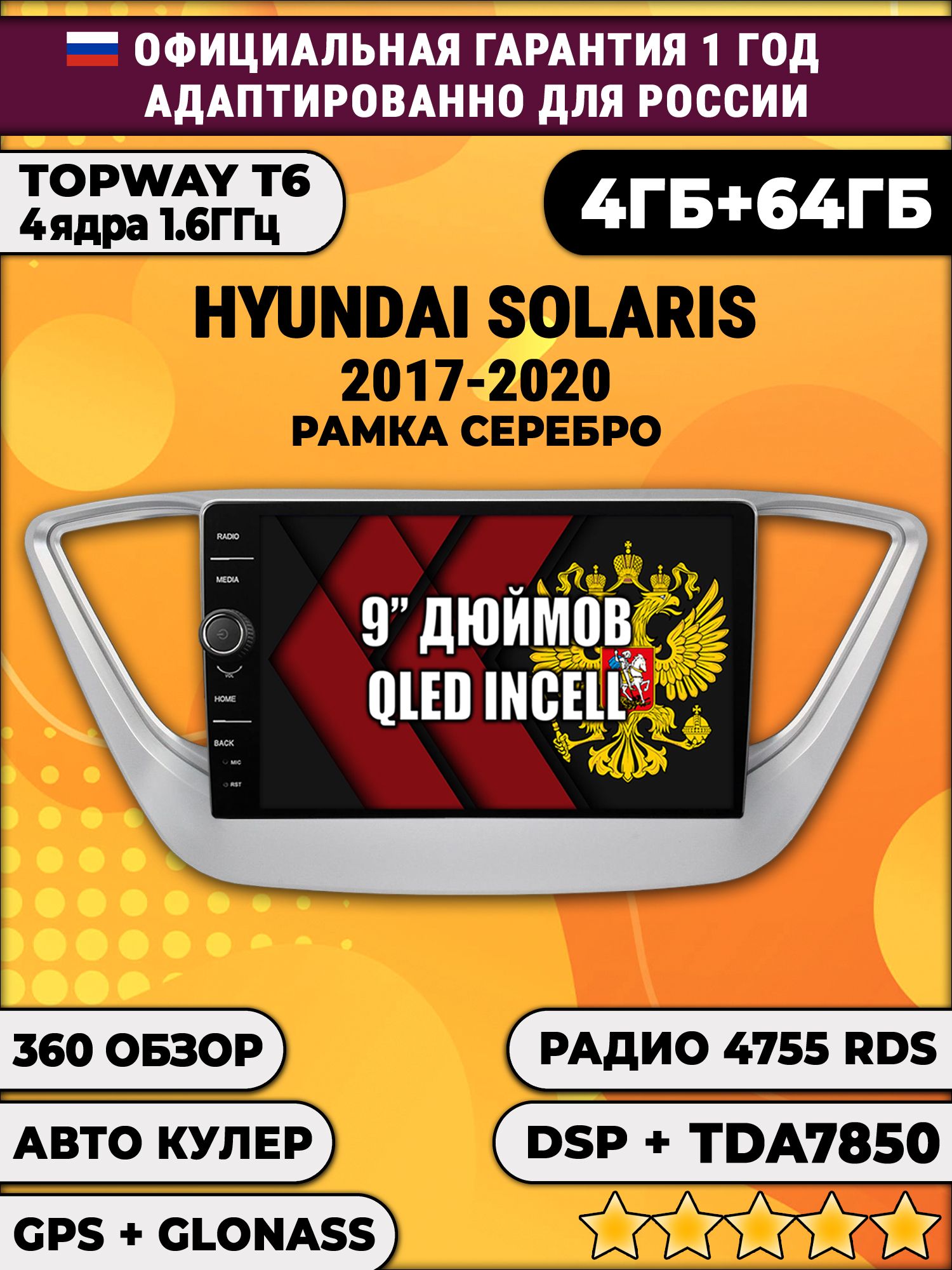 4гб+64гб с DSP и 360 для HYUNDAI SOLARIS (2017 2018 2019 2020) Соларис, рамка серая, Android магнитола с DSP и усилителем TDA7850