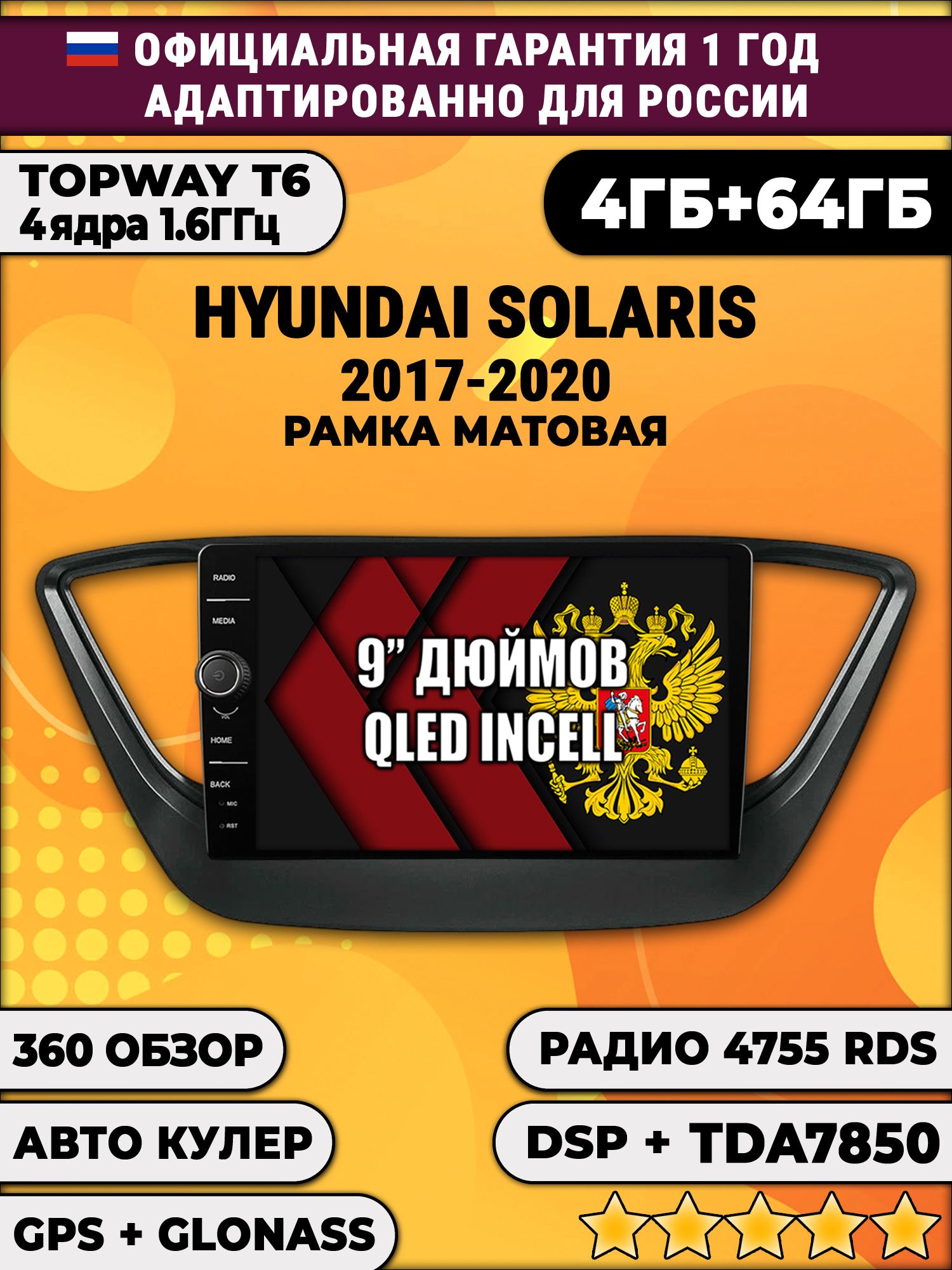 4гб+64гб с DSP и 360 для HYUNDAI SOLARIS (2017 2018 2019 2020) Соларис, рамка черная матовая, Android магнитола с DSP и усилителем TDA7850