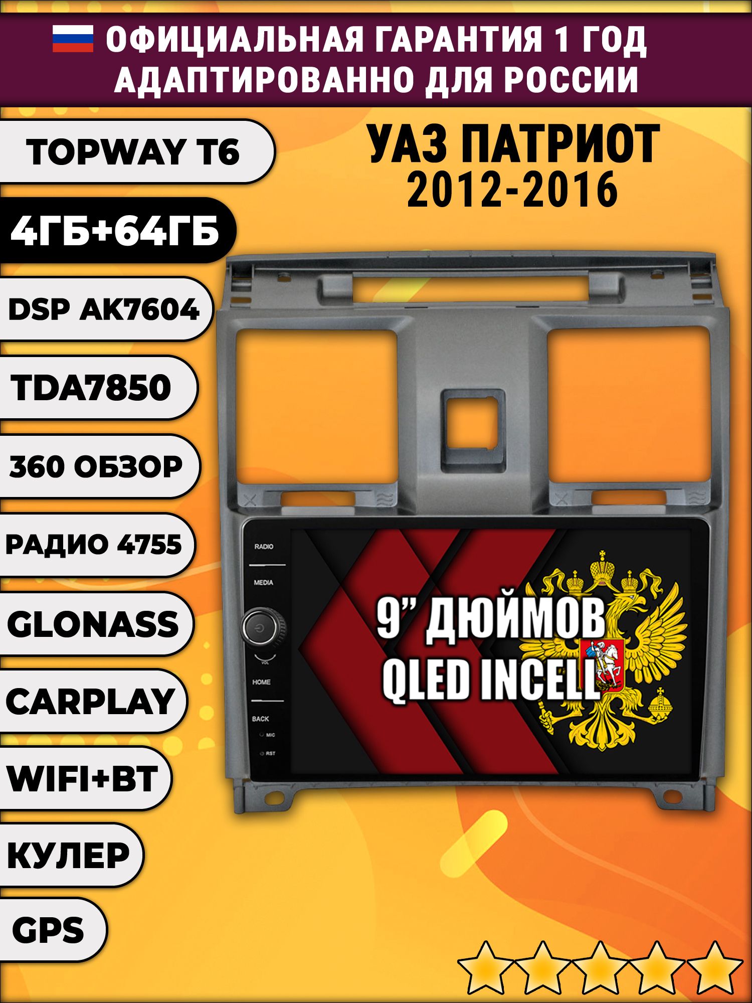 4гб+64гб с DSP и 360 для УАЗ ПАТРИОТ (2012 2013 2014 2015 2016) Uaz Patriot, Android магнитола с DSP и усилителем TDA7850