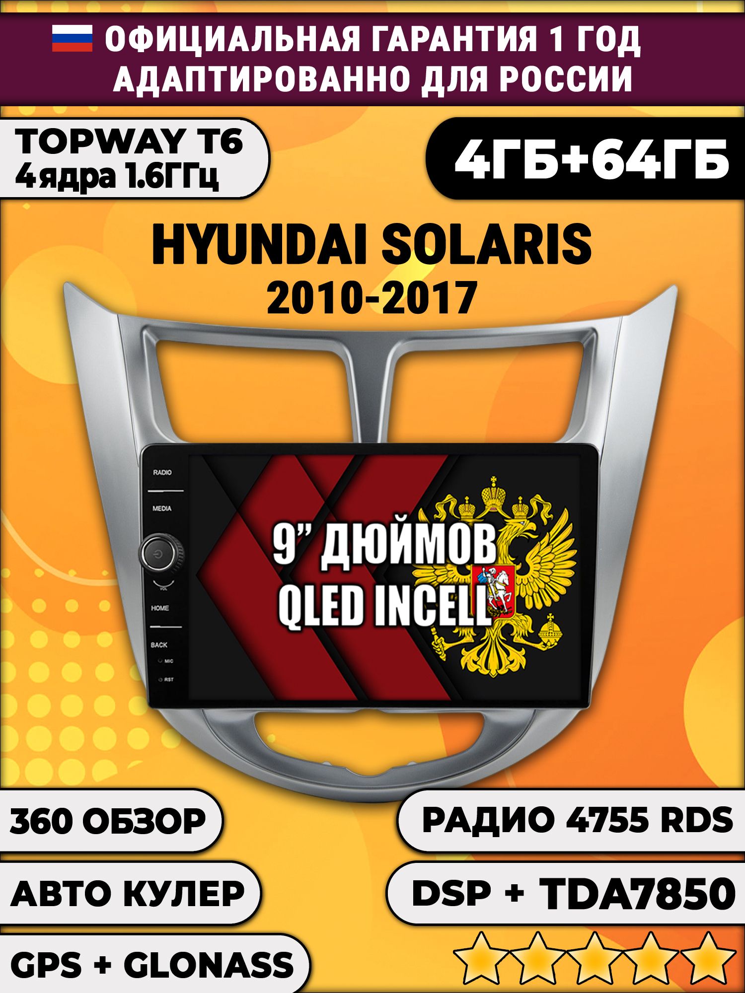 4гб+64гб с DSP и 360 для HYUNDAI SOLARIS (2010 2011 2012 2013 2014 2015 2016 2017) Соларис, Android магнитола с DSP и усилителем TDA7850