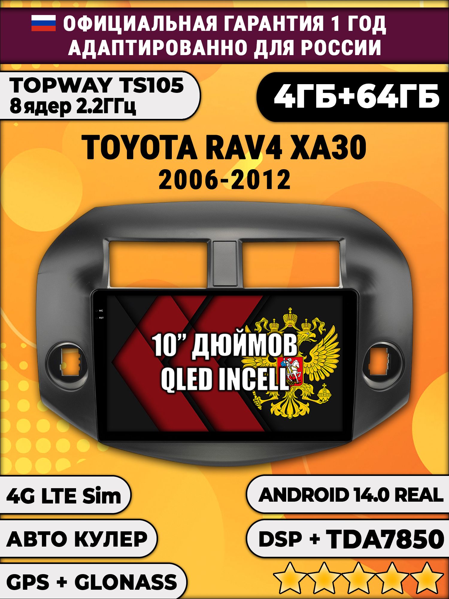 TS105 8 ядер, 4гб+64гб для TOYOTA RAV4 (2006-2012), Android магнитола