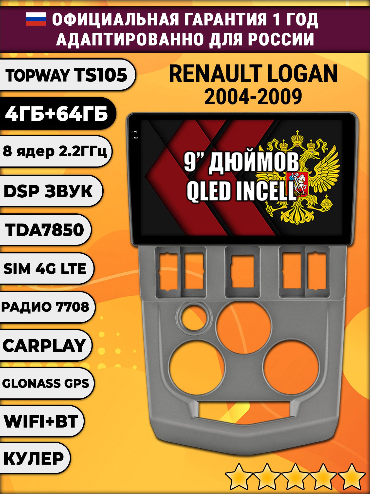TS105 8 ядер, 4гб+64гб для RENAULT LOGAN (2004-2009), Android магнитола