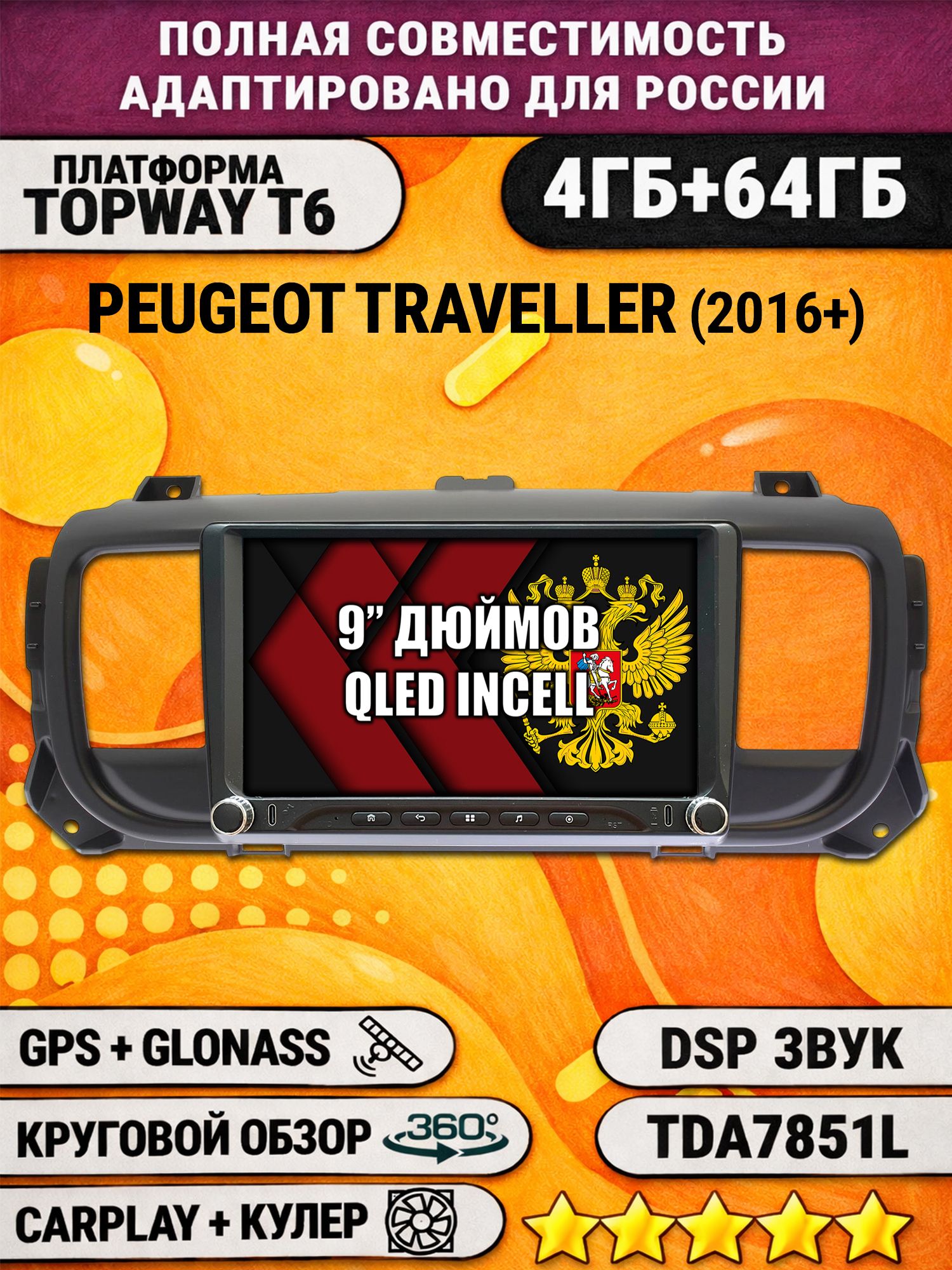 Штатная магнитола Андроид 9 для PEUGEOT TRAVELLER (2016-2024), 4/64гб, DSP, 360 обзор, беспроводной CarPlay и Android Auto, GPS и ГЛОНАСС