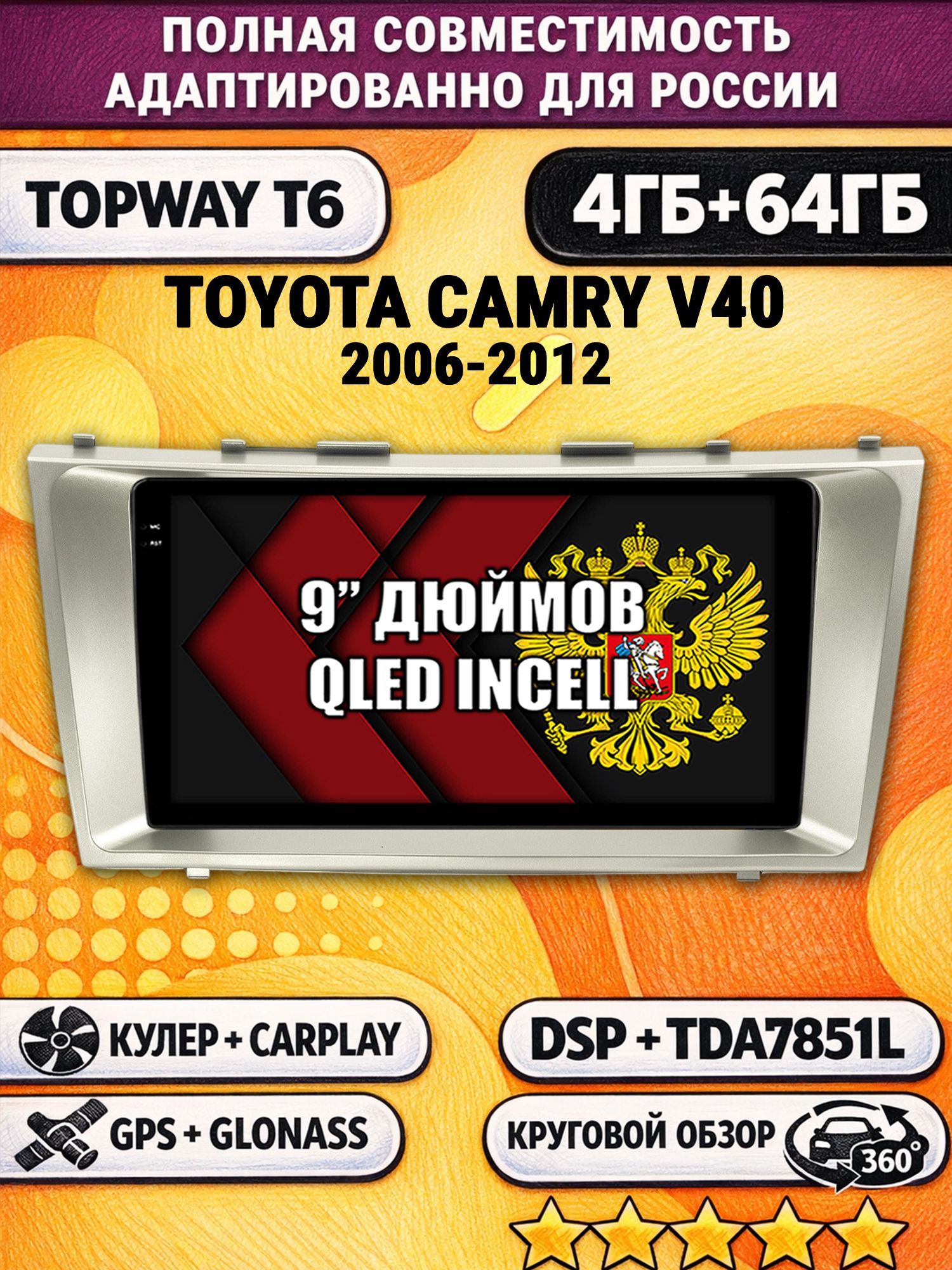 Штатная Андроид магнитола для TOYOTA CAMRY V40 (2006 2007 2008 2009 2010 2011 2012) XV40 В40 Камри, 4/64гб, 360 обзор, DSP, беспроводной CarPlay/Android Auto, GPS/ГЛОНАСС