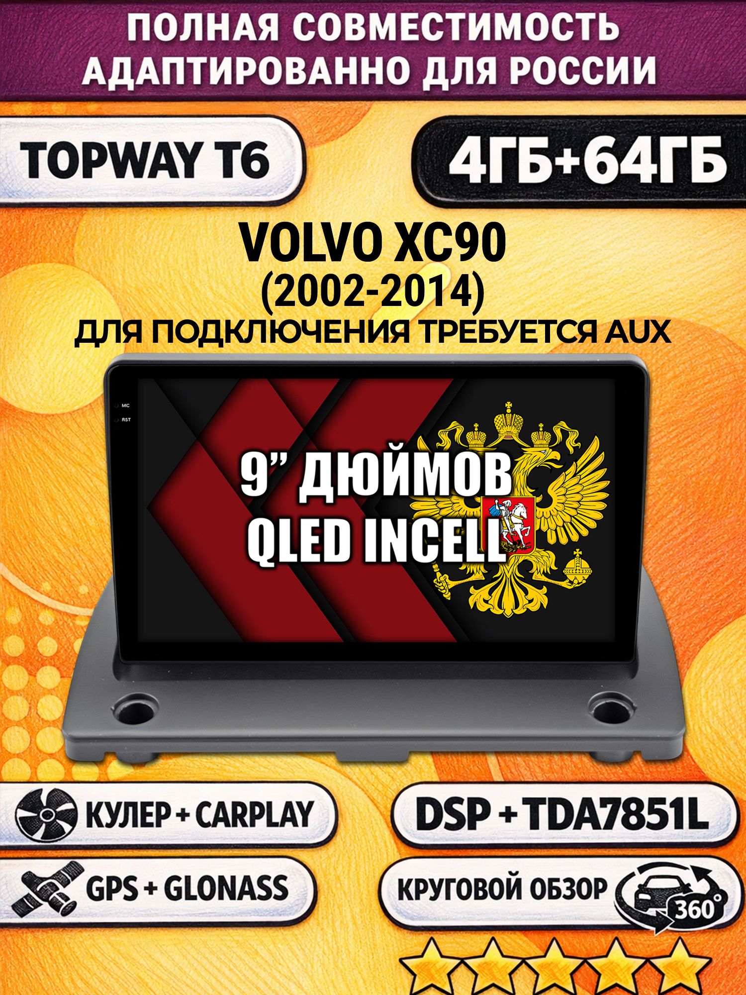 Штатная Андроид магнитола для VOLVO XC90 (2002-2014), 4/64гб, 360 обзор, DSP, беспроводной CarPlay/Android Auto, GPS/ГЛОНАСС
