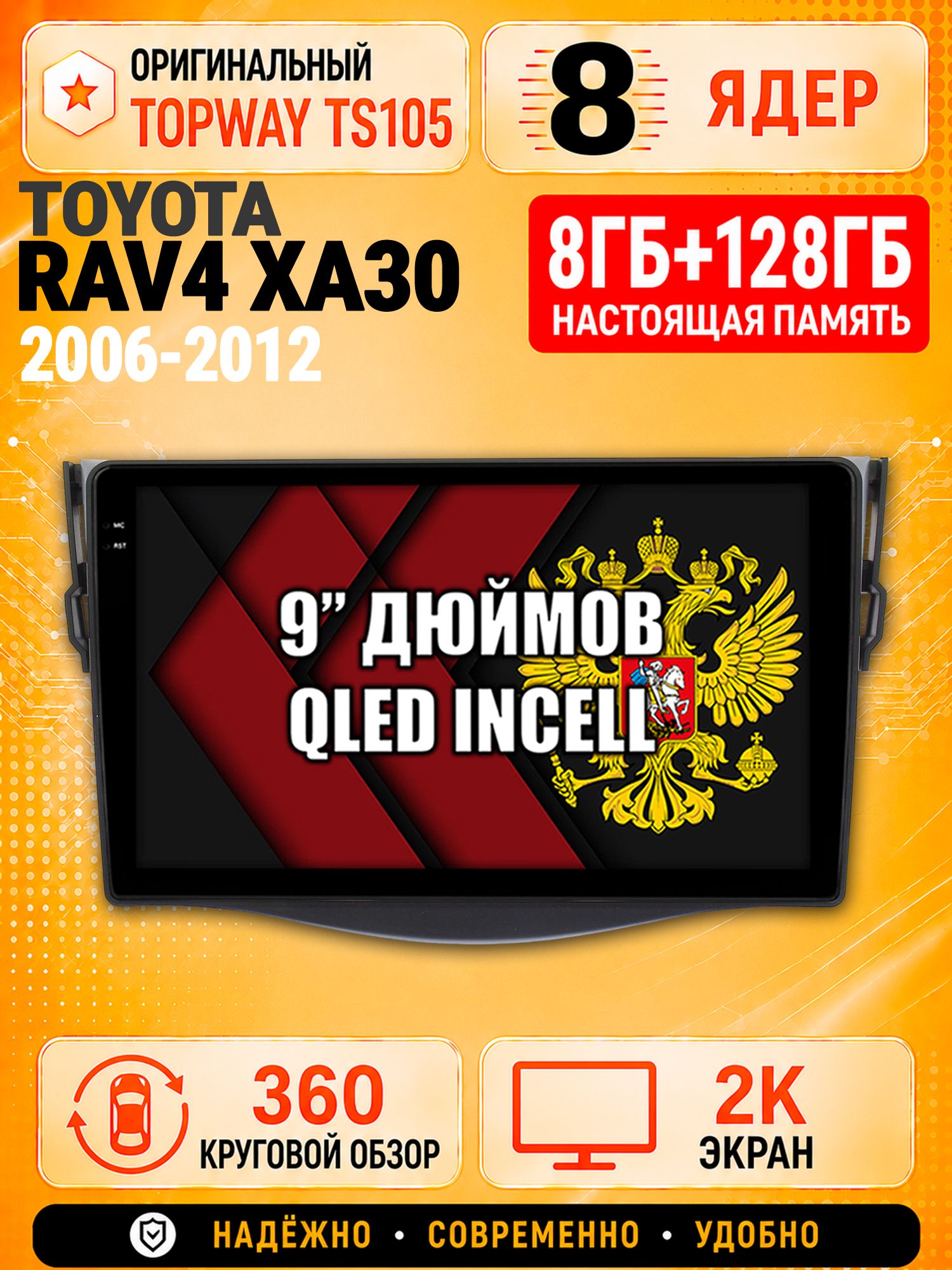 8 ядер TS105, 8гб+128гб, экран 2К и круговой обзор 360, для TOYOTA RAV4 XA30 (2006 2007 2008 2009 2010 2011 2012) RAV 4, Андроид магнитола с Carplay