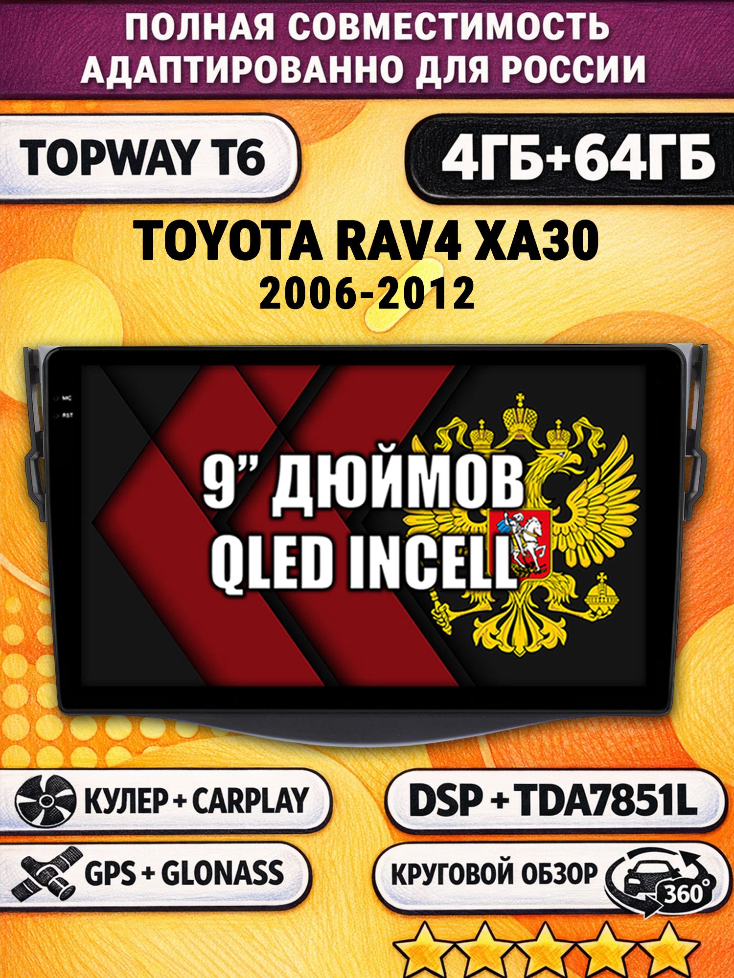 Штатная Андроид магнитола для TOYOTA RAV4 XA30 (2006 2007 2008 2009 2010 2011 2012) RAV 4, 4/64гб, 360 обзор, DSP, беспроводной CarPlay/Android Auto, GPS/ГЛОНАСС