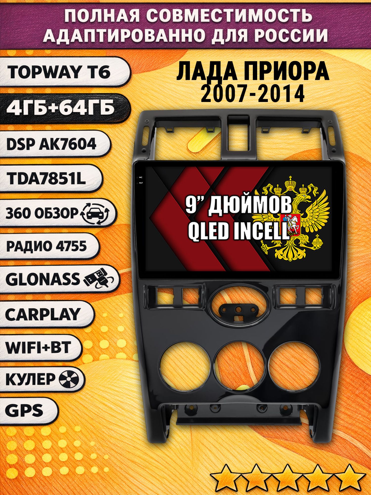 Штатная Андроид магнитола для LADA PRIORA / ЛАДА ПРИОРА (2007-2014), рамка черная глянцевая, 4/64гб, 360 обзор, DSP, беспроводной CarPlay/Android Auto, GPS/ГЛОНАСС