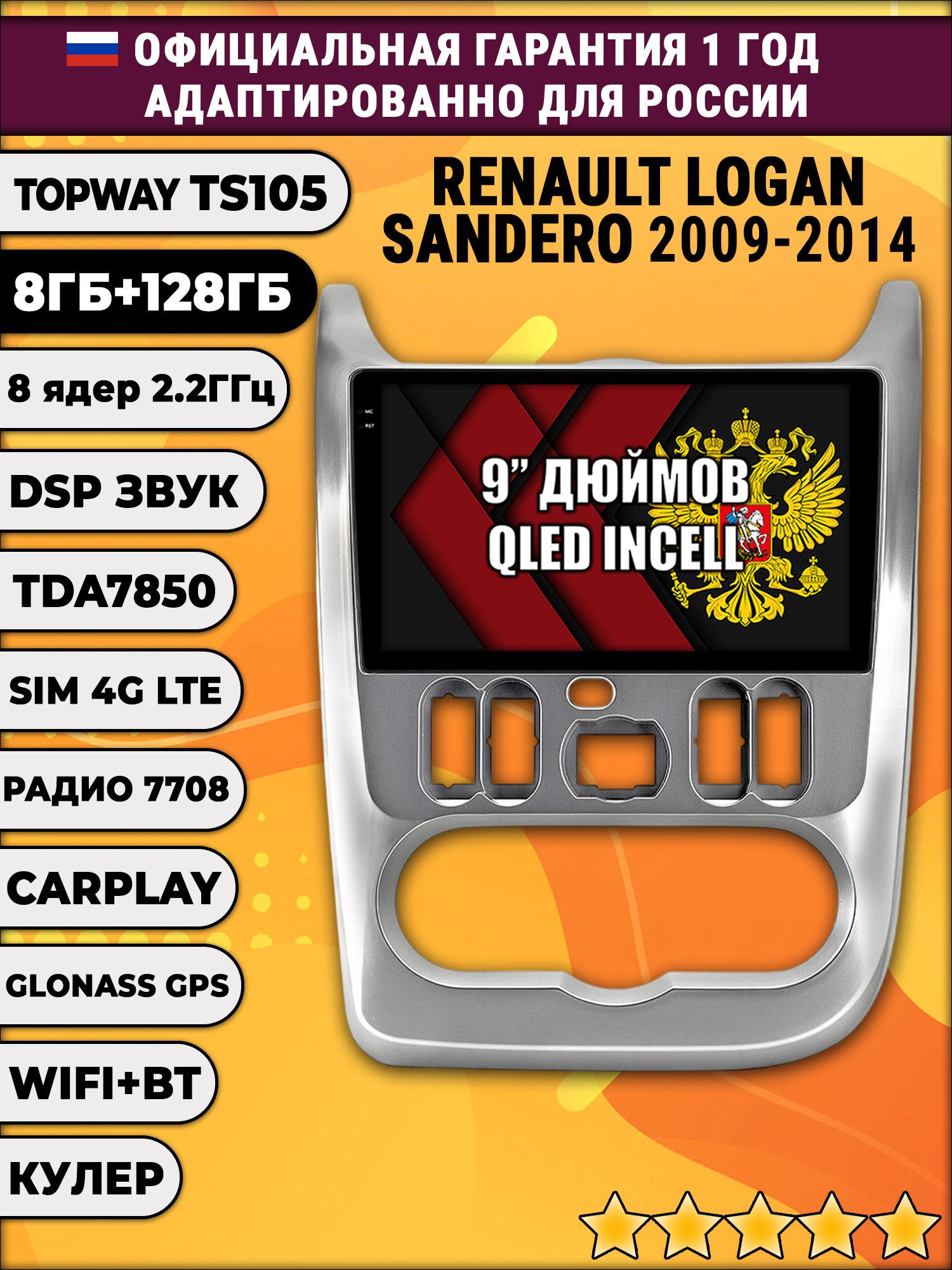 TS105, память 8/128гб для RENAULT LOGAN (2009-2014) SANDERO (2009-2014) - серебристая рамка, Android магнитола