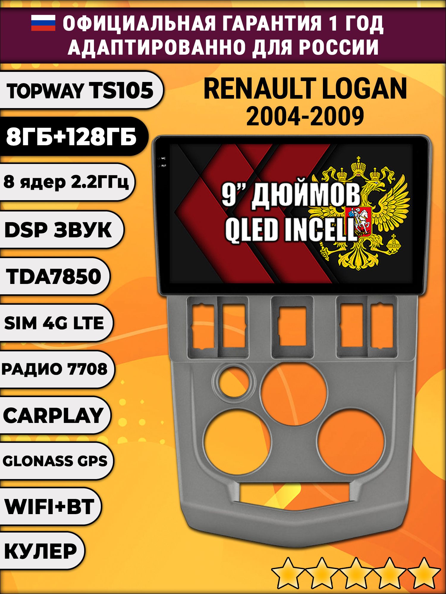 TS105, память 8/128гб для RENAULT LOGAN (2004-2009), Android магнитола