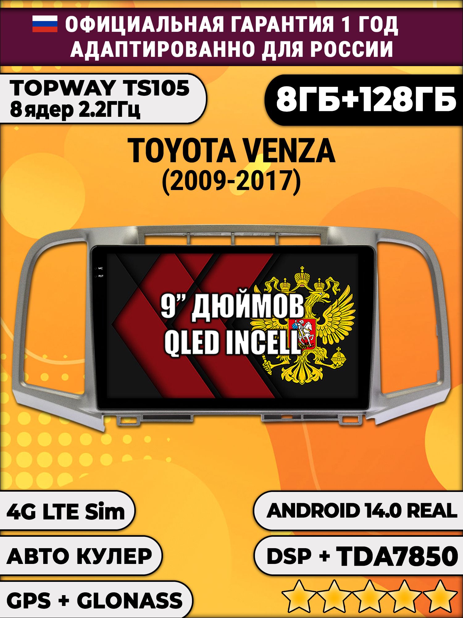 TS105, память 8/128гб для TOYOTA VENZA (2009-2017), Android магнитола