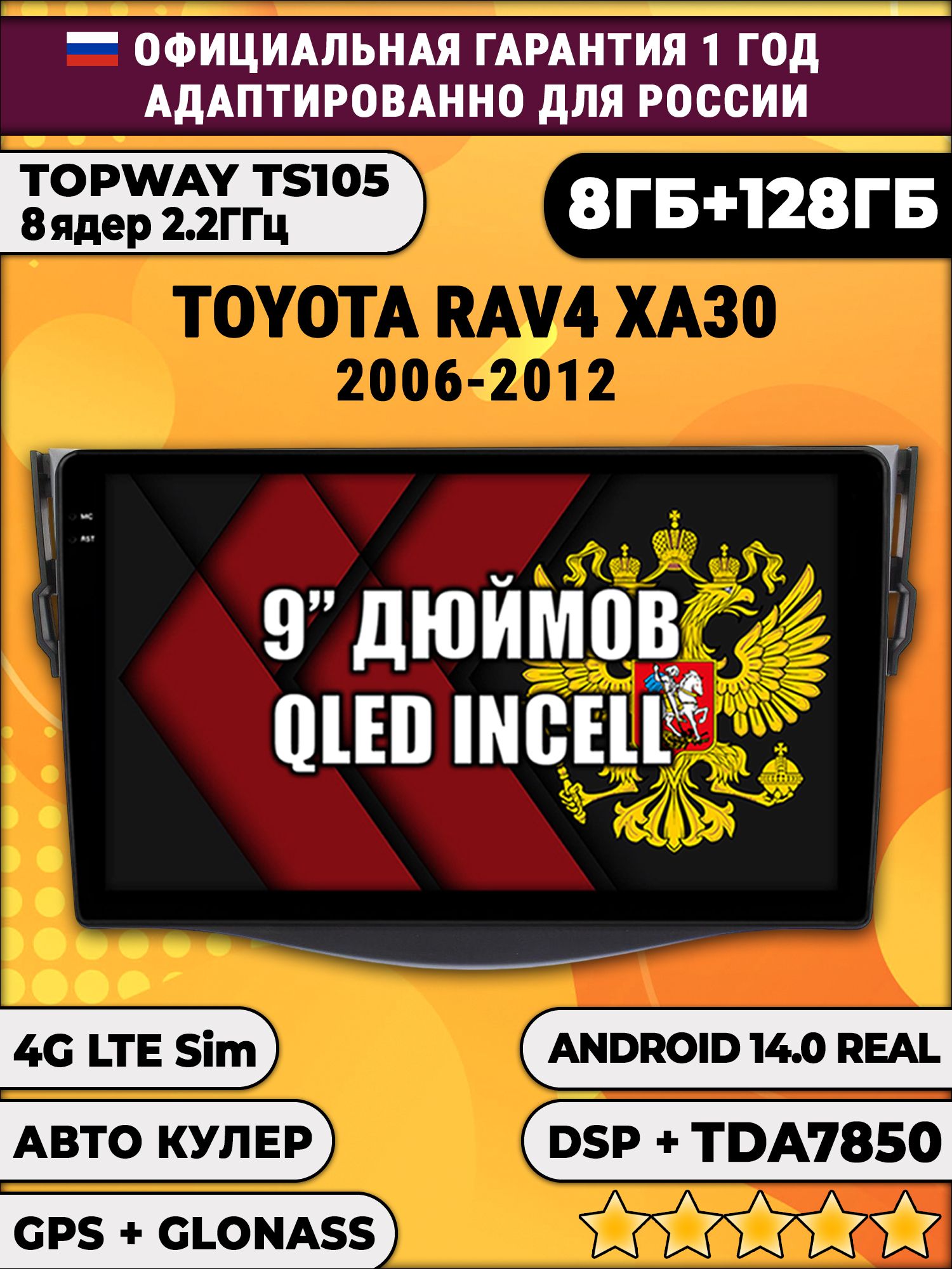 TS105, память 8/128гб для TOYOTA RAV4 XA30 (2006 2007 2008 2009 2010 2011 2012) RAV 4, Android магнитола