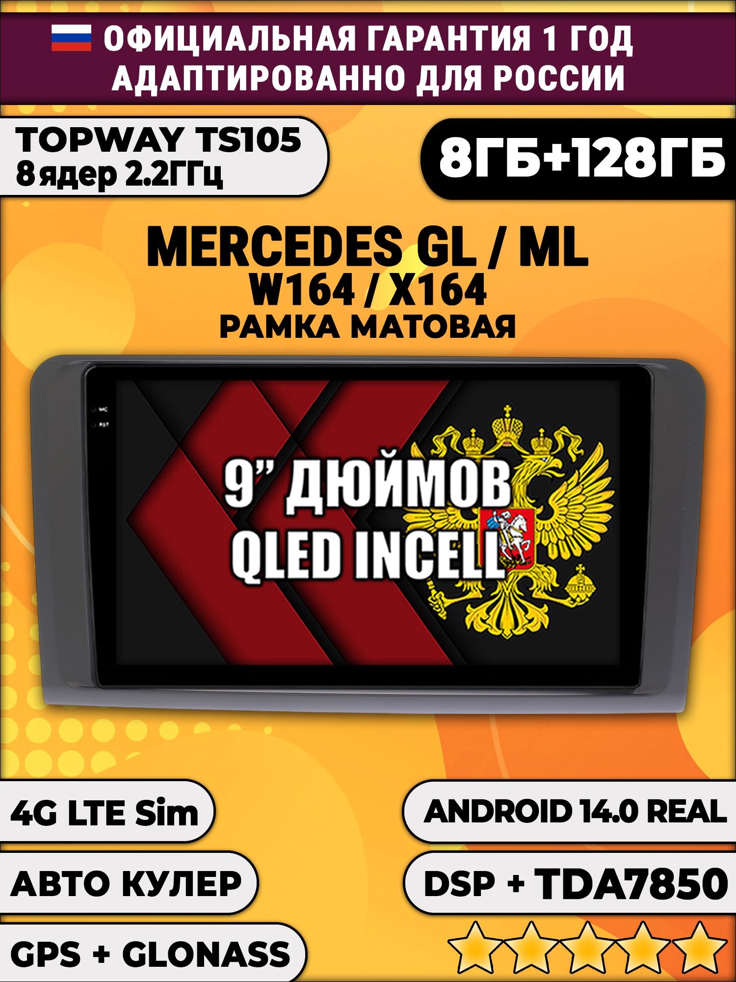 TS105, память 8/128гб для MERCEDES BENZ W164 X164 (GL/ML), Android магнитола - Рамка черная матовая