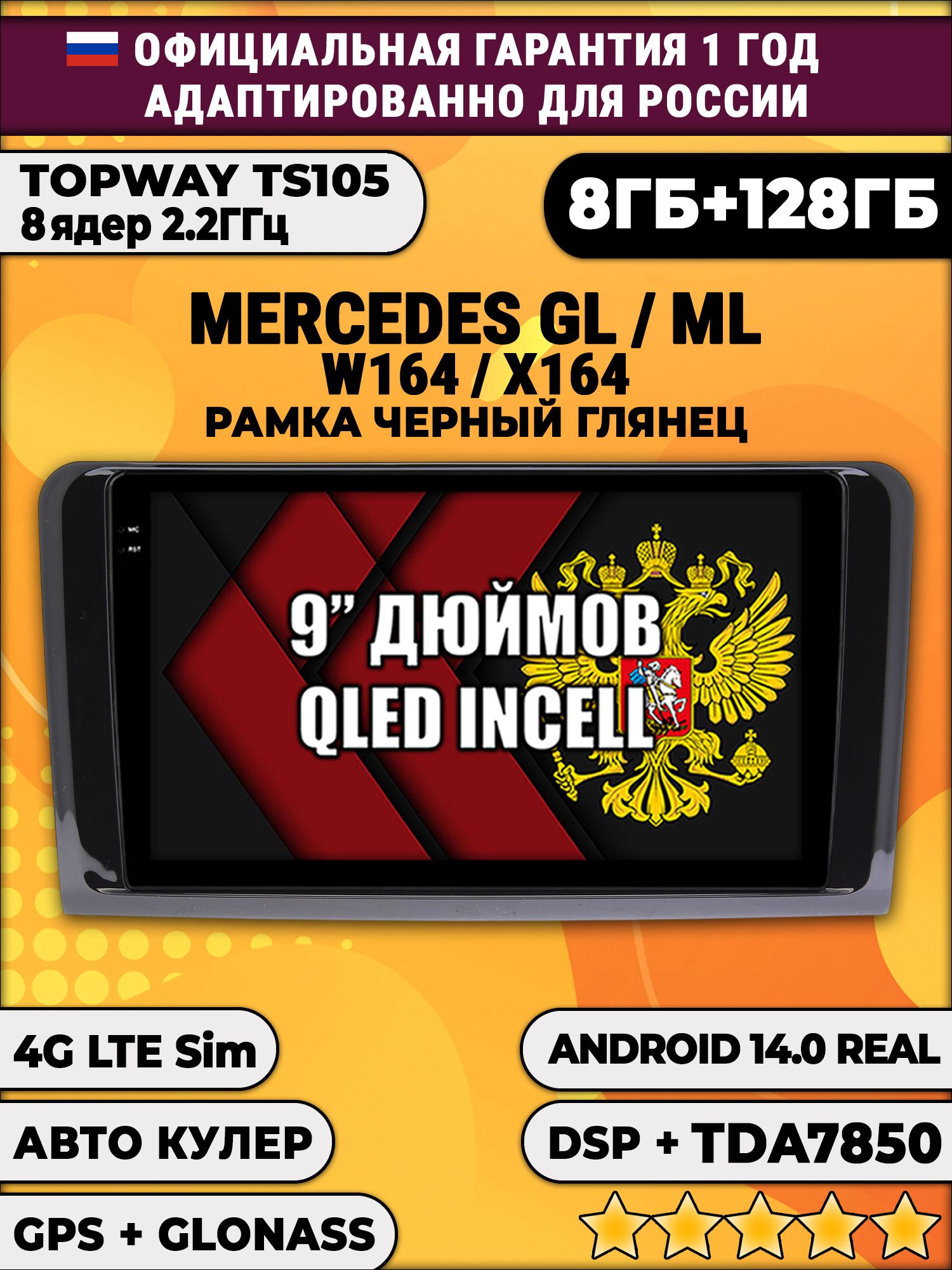 TS105, память 8/128гб для MERCEDES BENZ W164 X164 (GL/ML), Android магнитола - Рамка черная глянцевая