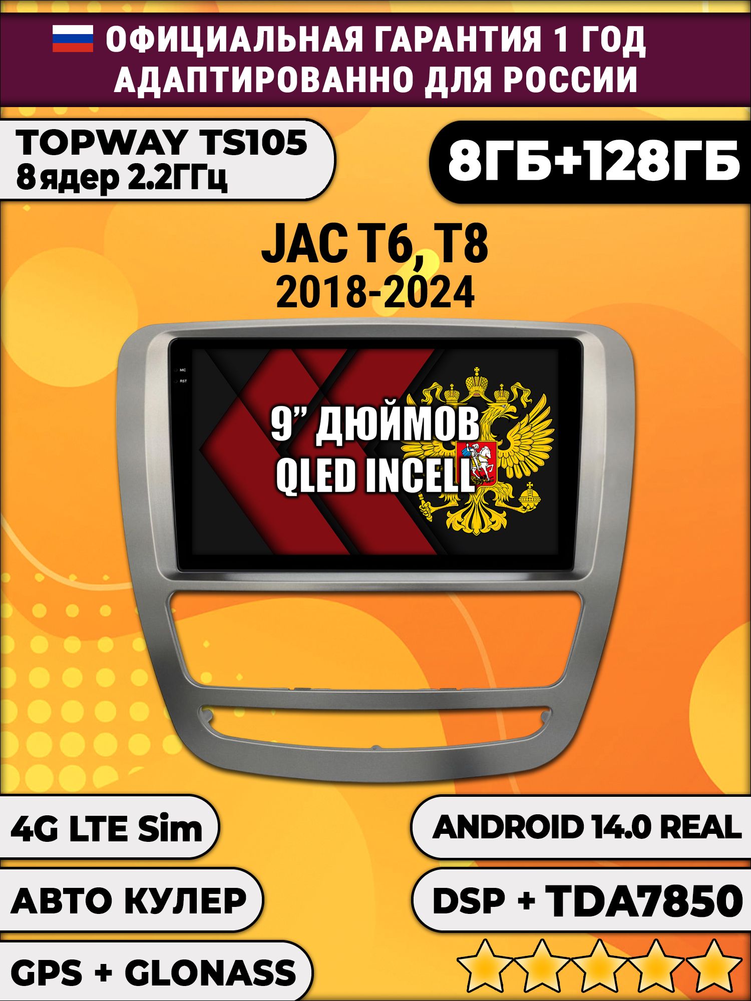 TS105, память 8/128гб для JAC T6 T8 (2018-2024), Android магнитола