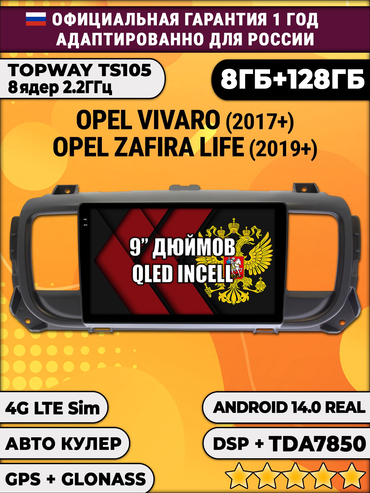 TS105, память 8/128гб для OPEL VIVARO (2017-2024), ZAFIRA LIFE (2019-2024), Android магнитола