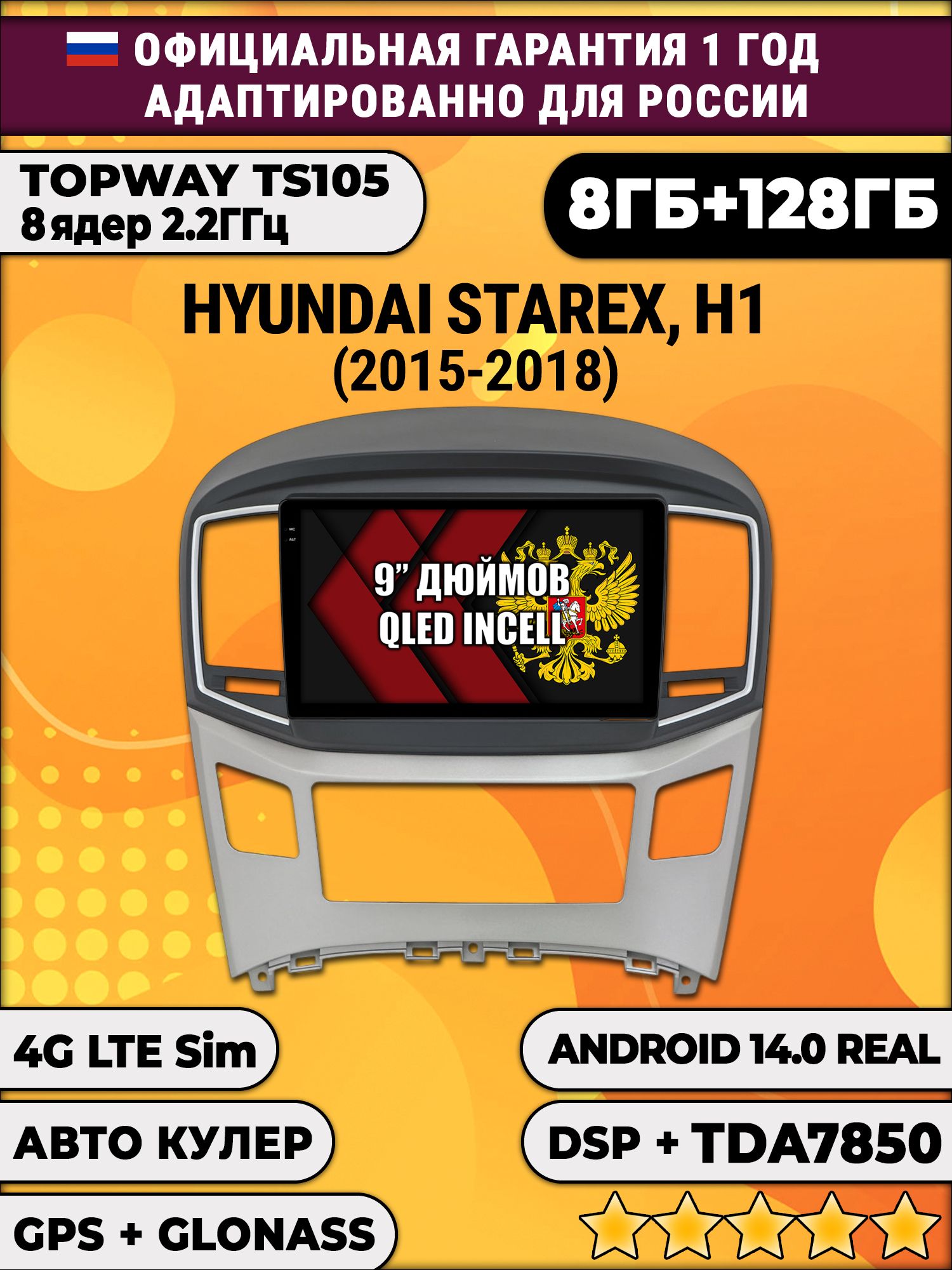 TS105, память 8/128гб для HYUNDAI H1, H-1 STAREX (2015-2018), Android магнитола