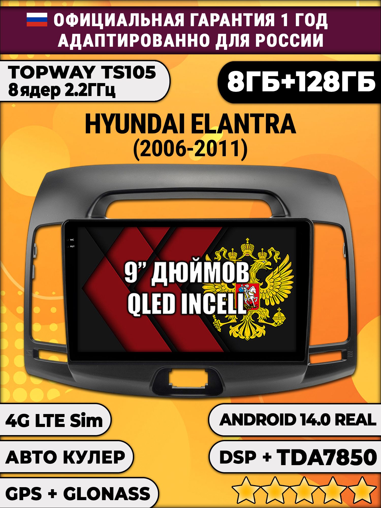 TS105, память 8/128гб для HYUNDAI ELANTRA (2006-2011), Android магнитола